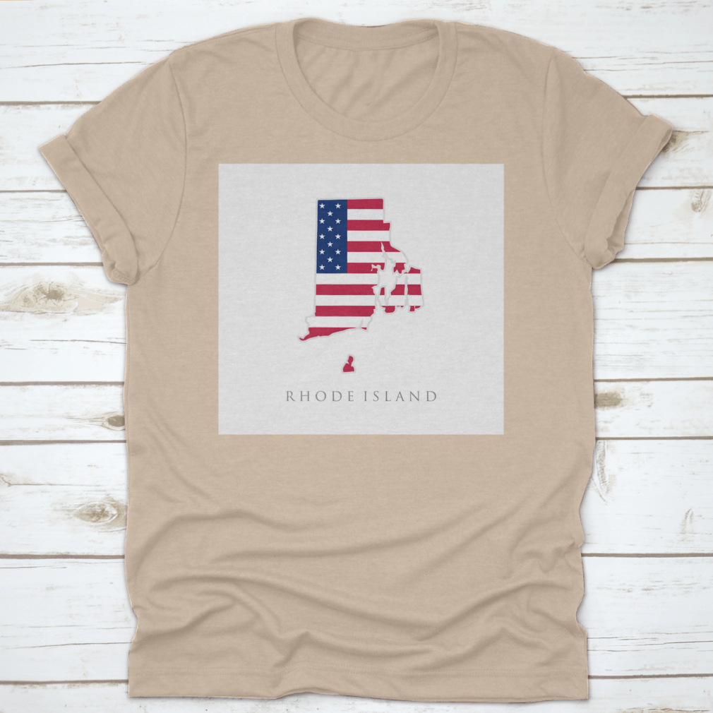 Vector design of Rhode Island state map featuring the American flag, showcasing a patriotic theme.