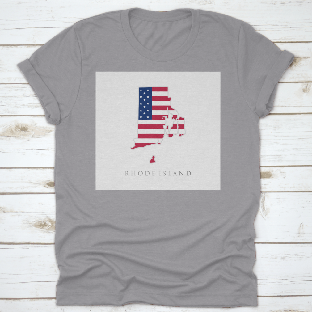 Vector design of Rhode Island state map featuring the American flag, showcasing a patriotic theme.