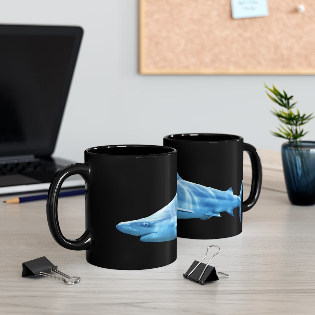 Shark 11oz Black Mug with a sleek design, perfect for coffee, tea, or hot chocolate, featuring a comfortable C-handle.