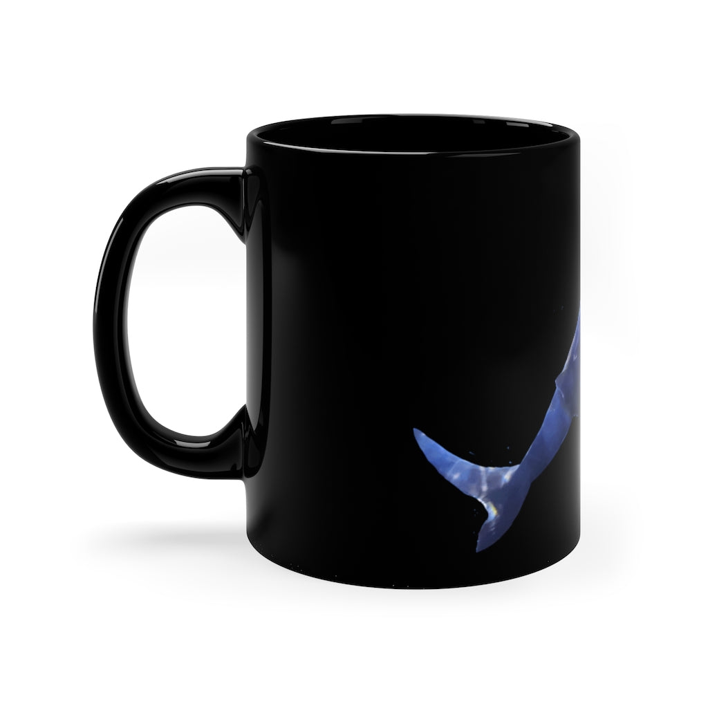 Shark 11oz Black Mug showcasing a sleek black ceramic design with a C-handle, perfect for coffee, tea, or hot chocolate.