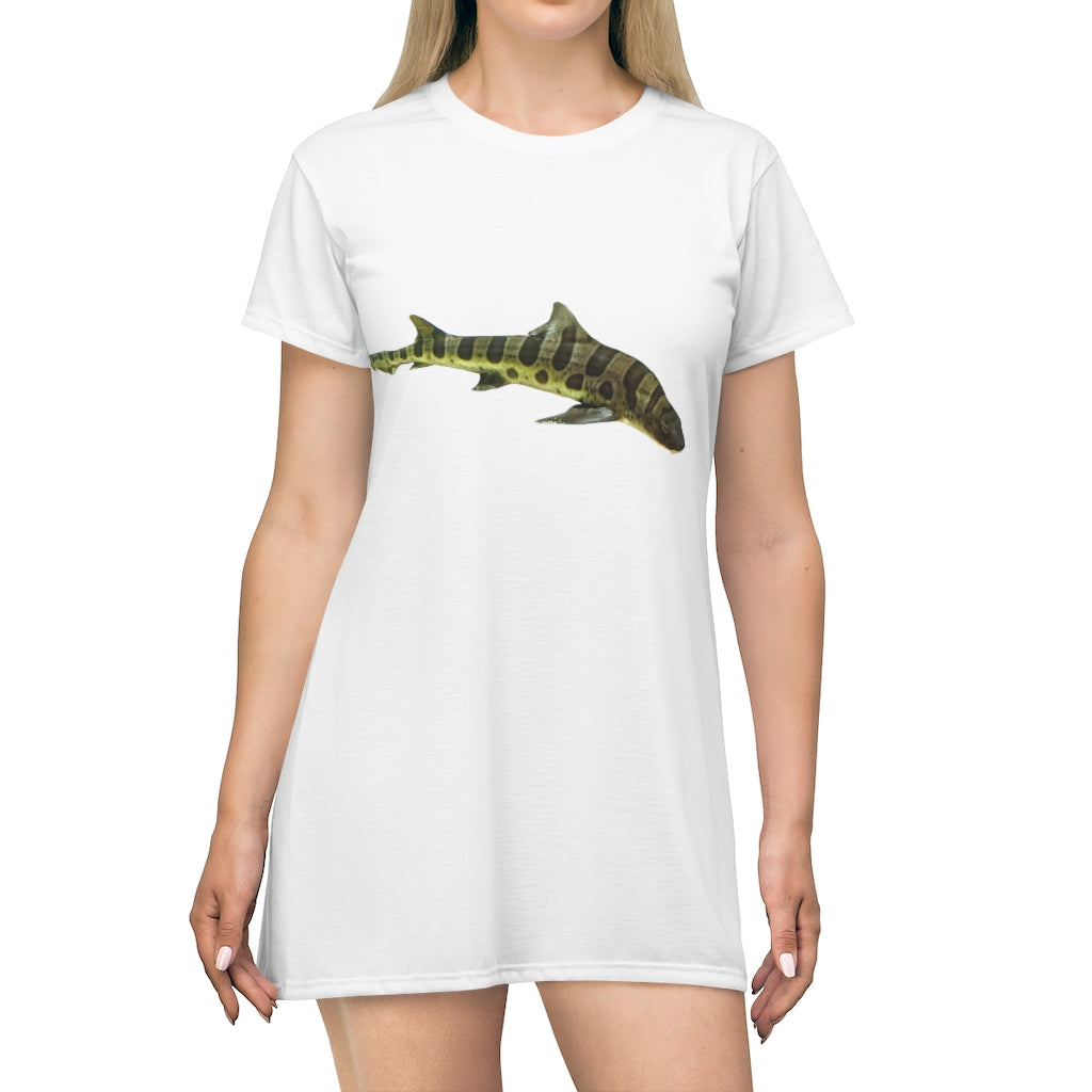 A vibrant Shark All Over Print T-Shirt Dress showcasing a playful shark design on a lightweight fabric, perfect for summer wear.