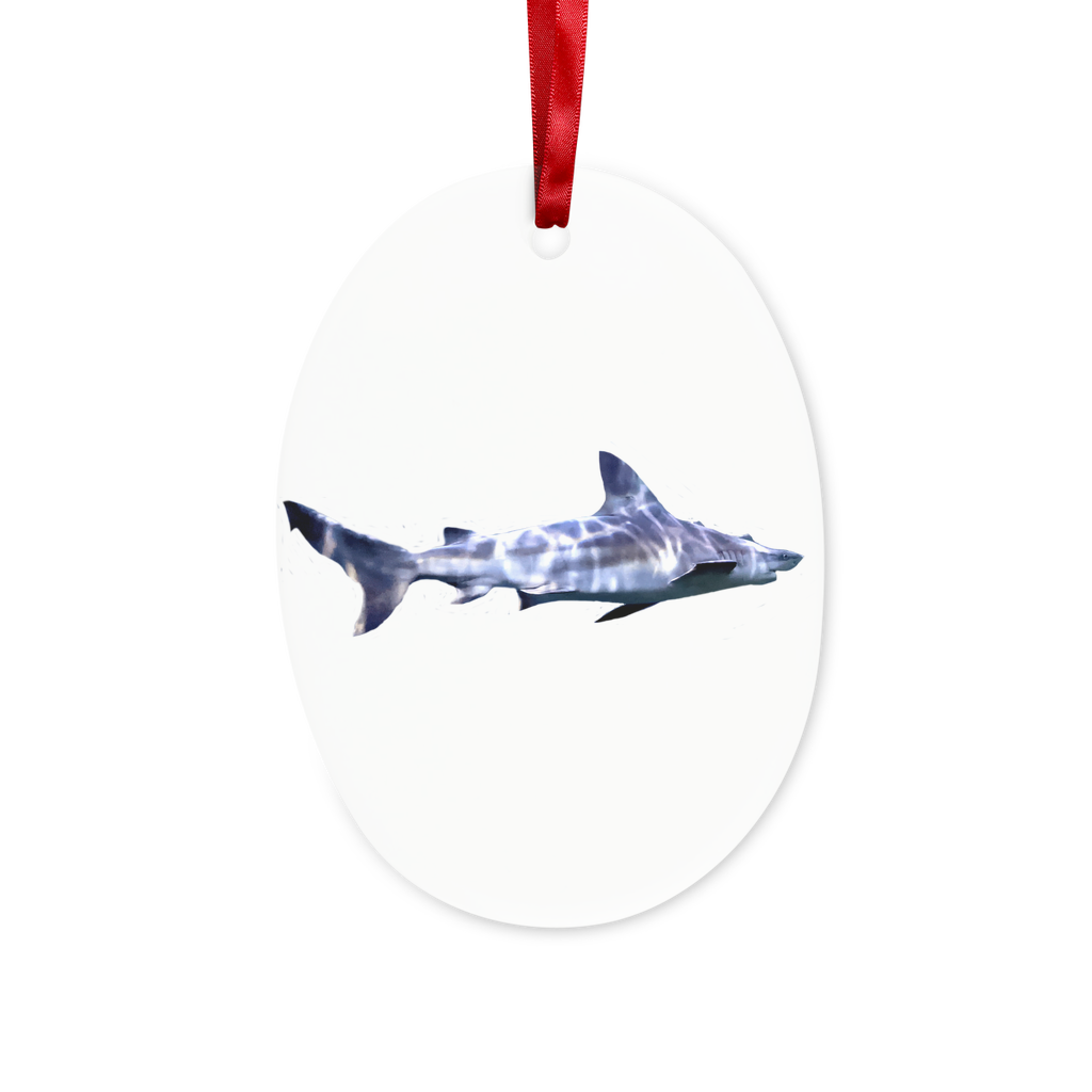 Shark Ceramic Hanging Ornament with red ribbon and gold string, beautifully crafted for holiday decor.
