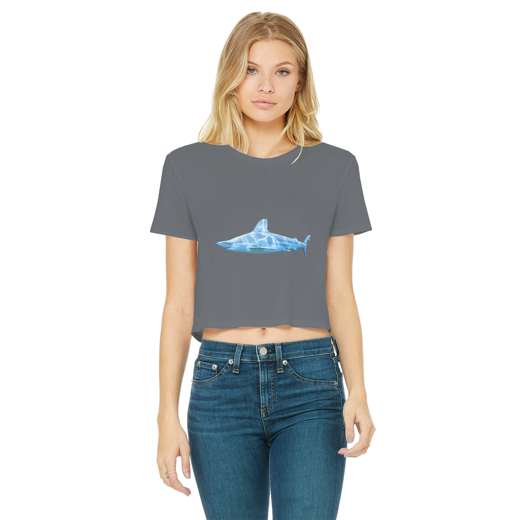Shark Classic Women's Cropped Raw Edge T-Shirt in various colors with a raw edge hem and round neck design.