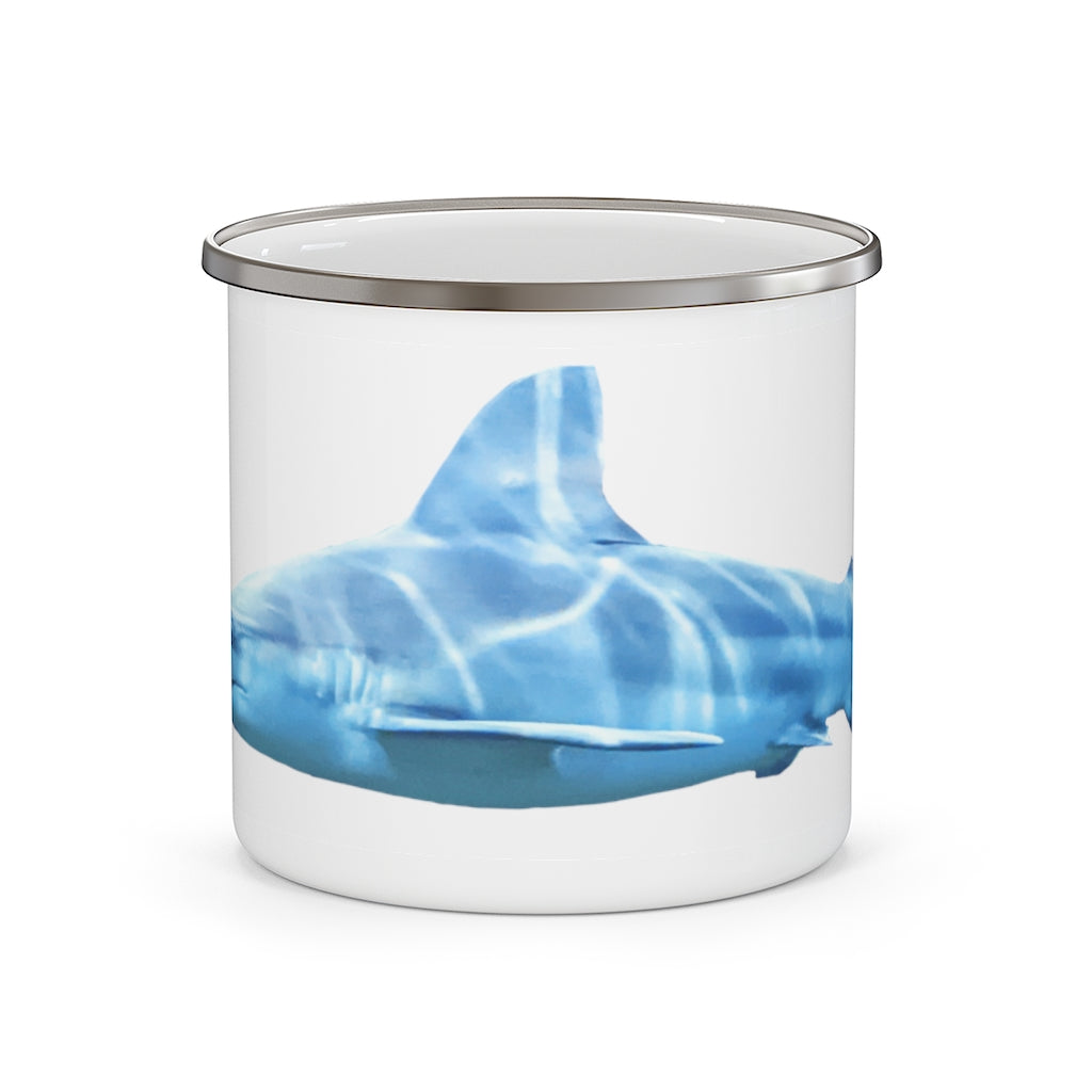 A stylish Shark Enamel Camping Mug with a C-handle, showcasing a personalized design, perfect for outdoor adventures.