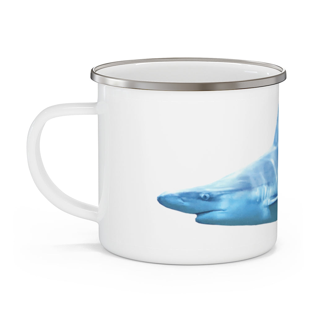 A stylish Shark Enamel Camping Mug with a C-handle, showcasing a personalized design, perfect for outdoor adventures.