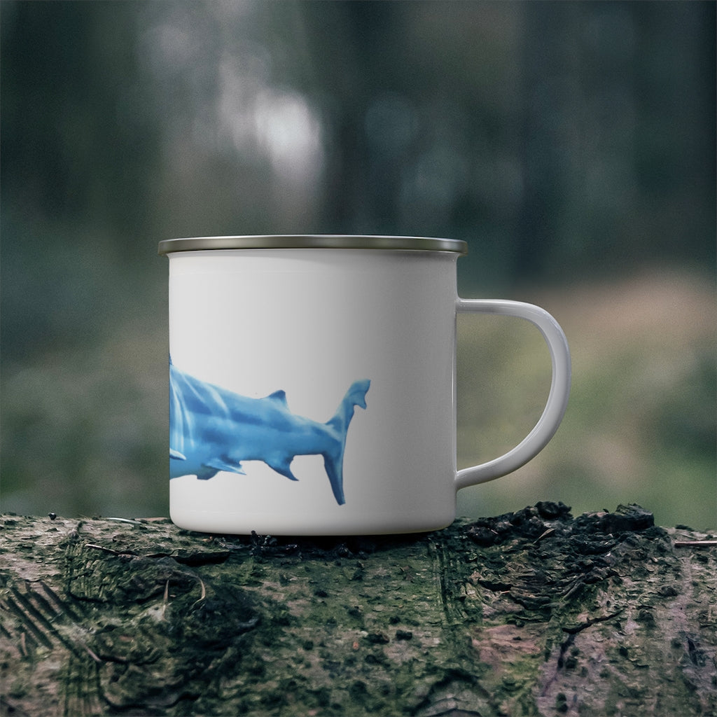 A stylish Shark Enamel Camping Mug with a C-handle, showcasing a personalized design, perfect for outdoor adventures.