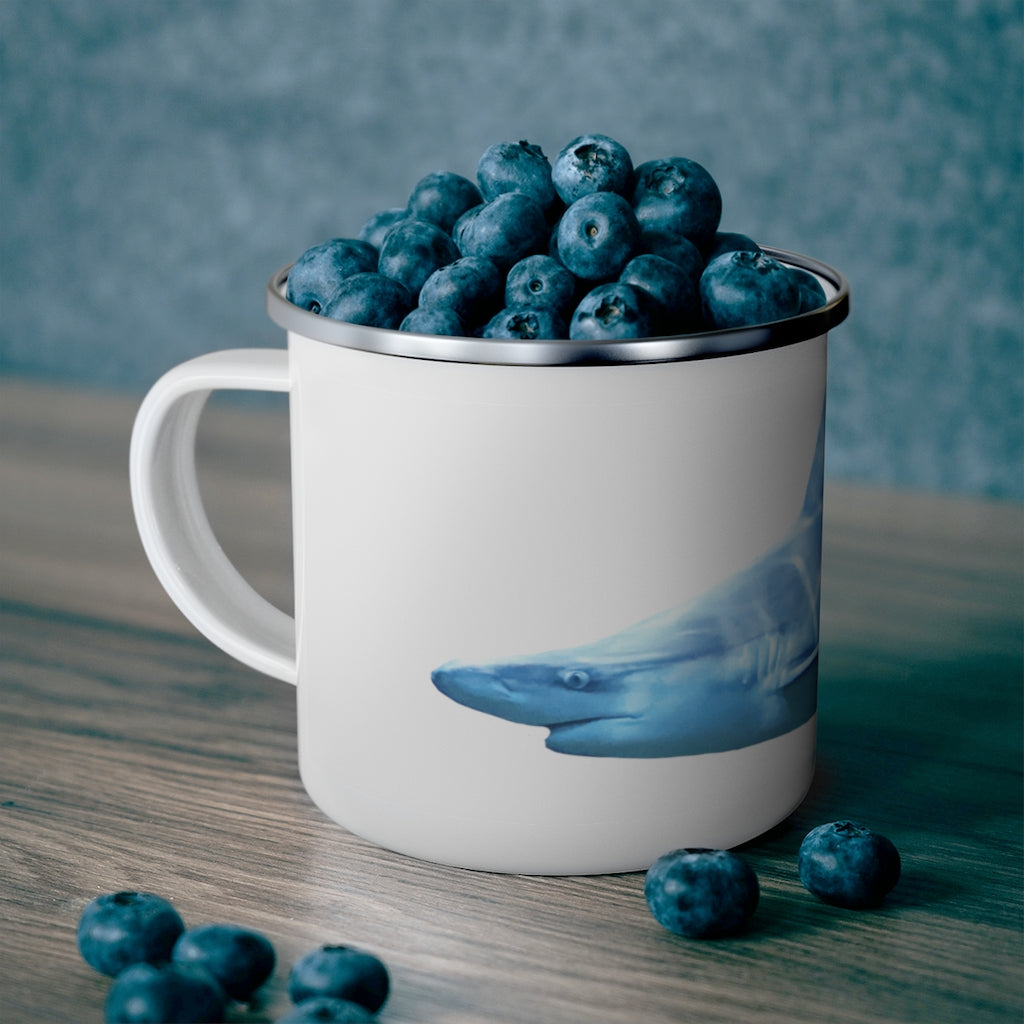 A stylish Shark Enamel Camping Mug with a C-handle, showcasing a personalized design, perfect for outdoor adventures.
