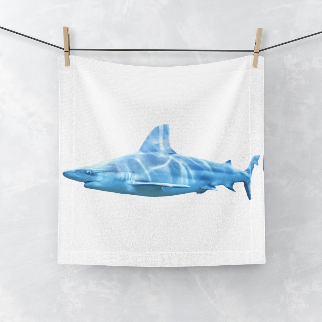 A vibrant Shark Face Towel featuring a customizable polyester front and soft cotton back, ideal for personalizing your bathroom.