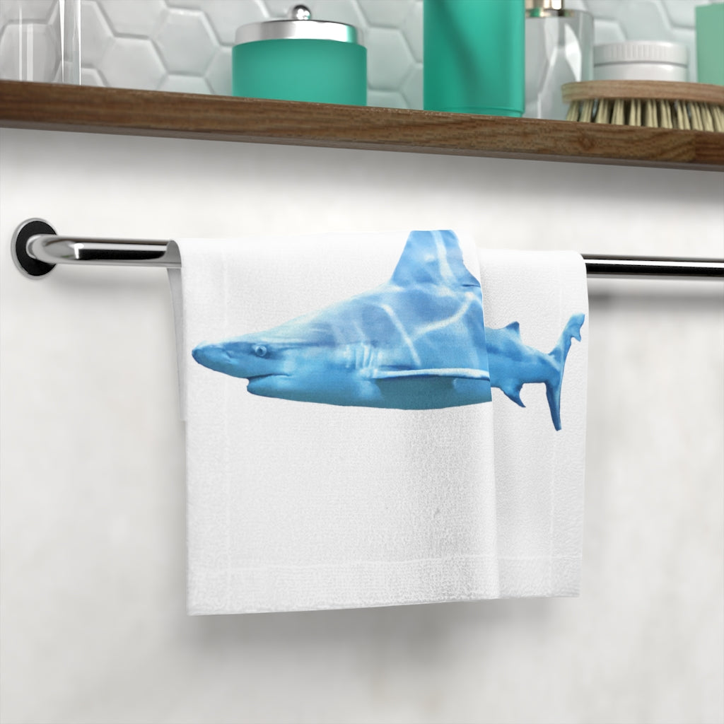 A vibrant Shark Face Towel featuring a customizable polyester front and soft cotton back, ideal for personalizing your bathroom.