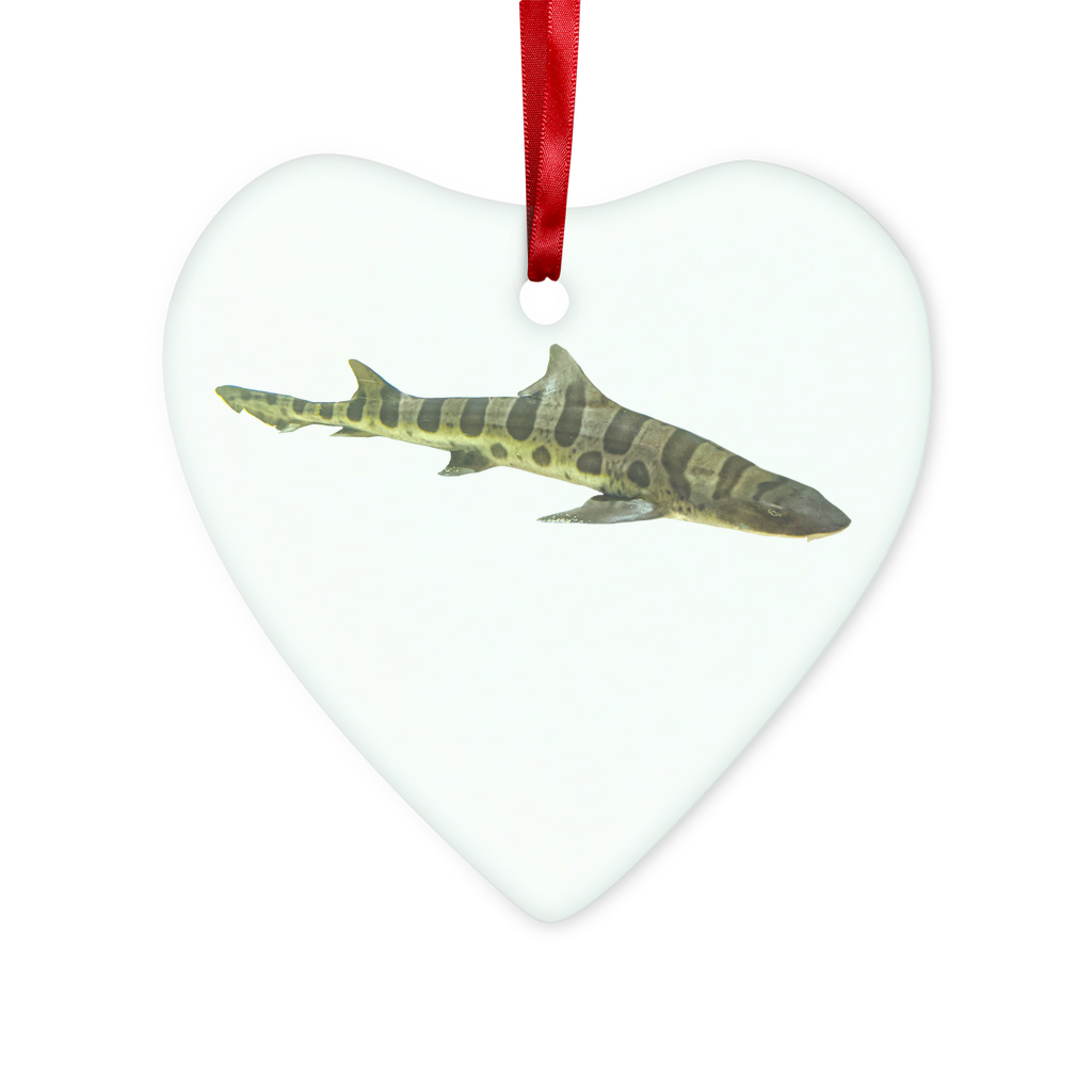A beautifully crafted Shark Glass Hanging Ornament in round and heart shapes, featuring a hole for hanging with a red ribbon and gold string.