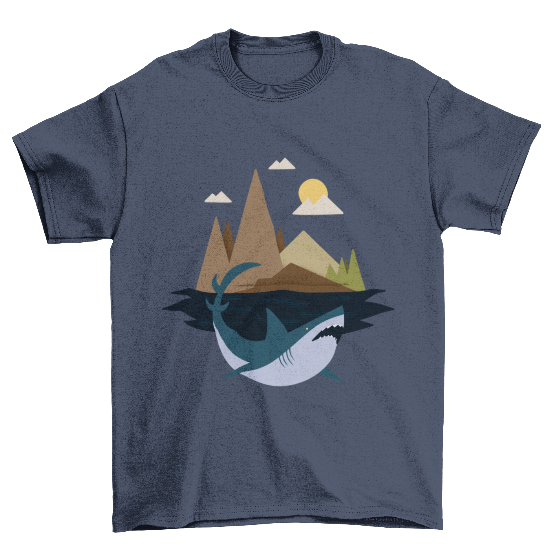 A stylish Shark Island T-Shirt featuring a shark swimming in front of a tropical island, showcasing vibrant colors and a unique design.
