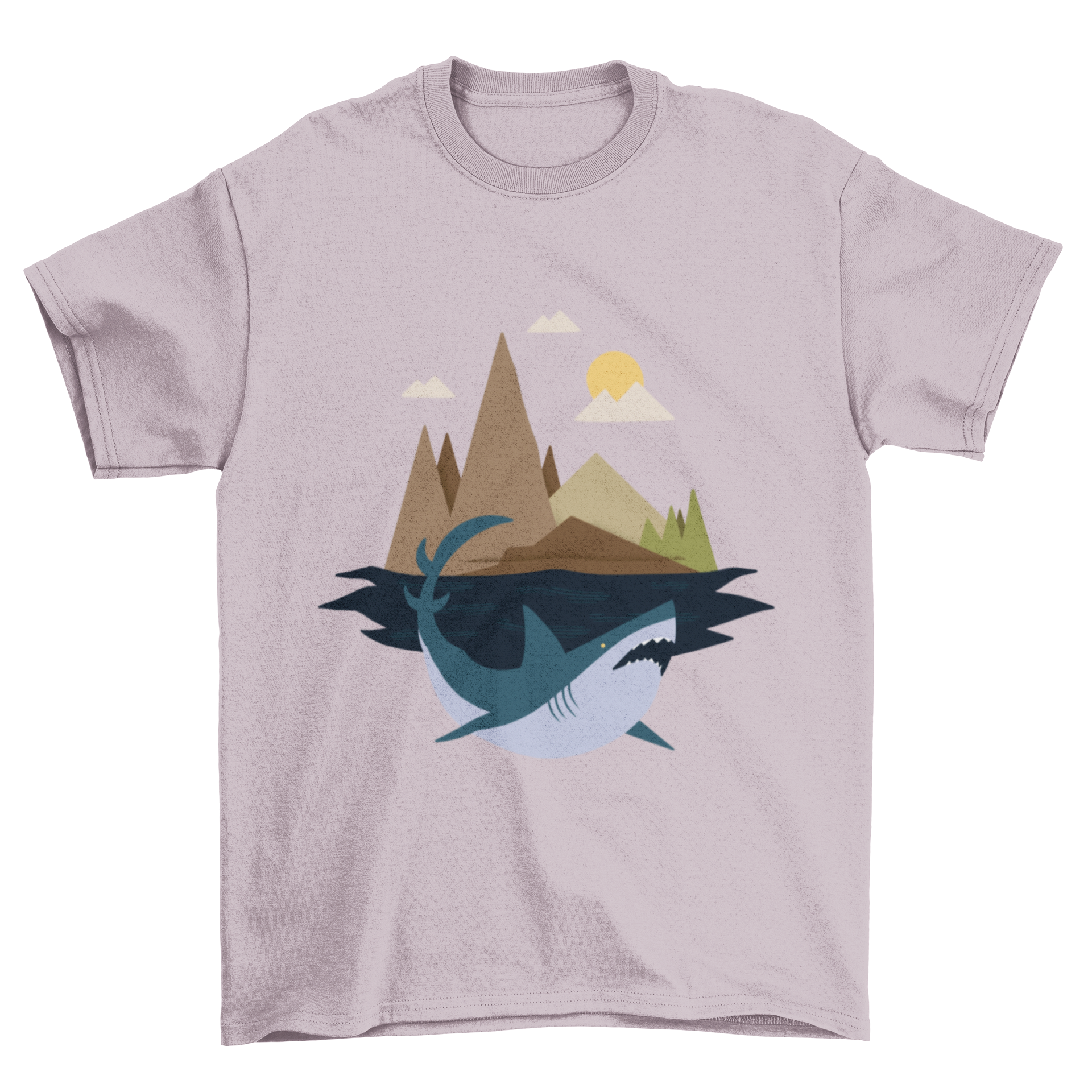 A stylish Shark Island T-Shirt featuring a shark swimming in front of a tropical island, showcasing vibrant colors and a unique design.