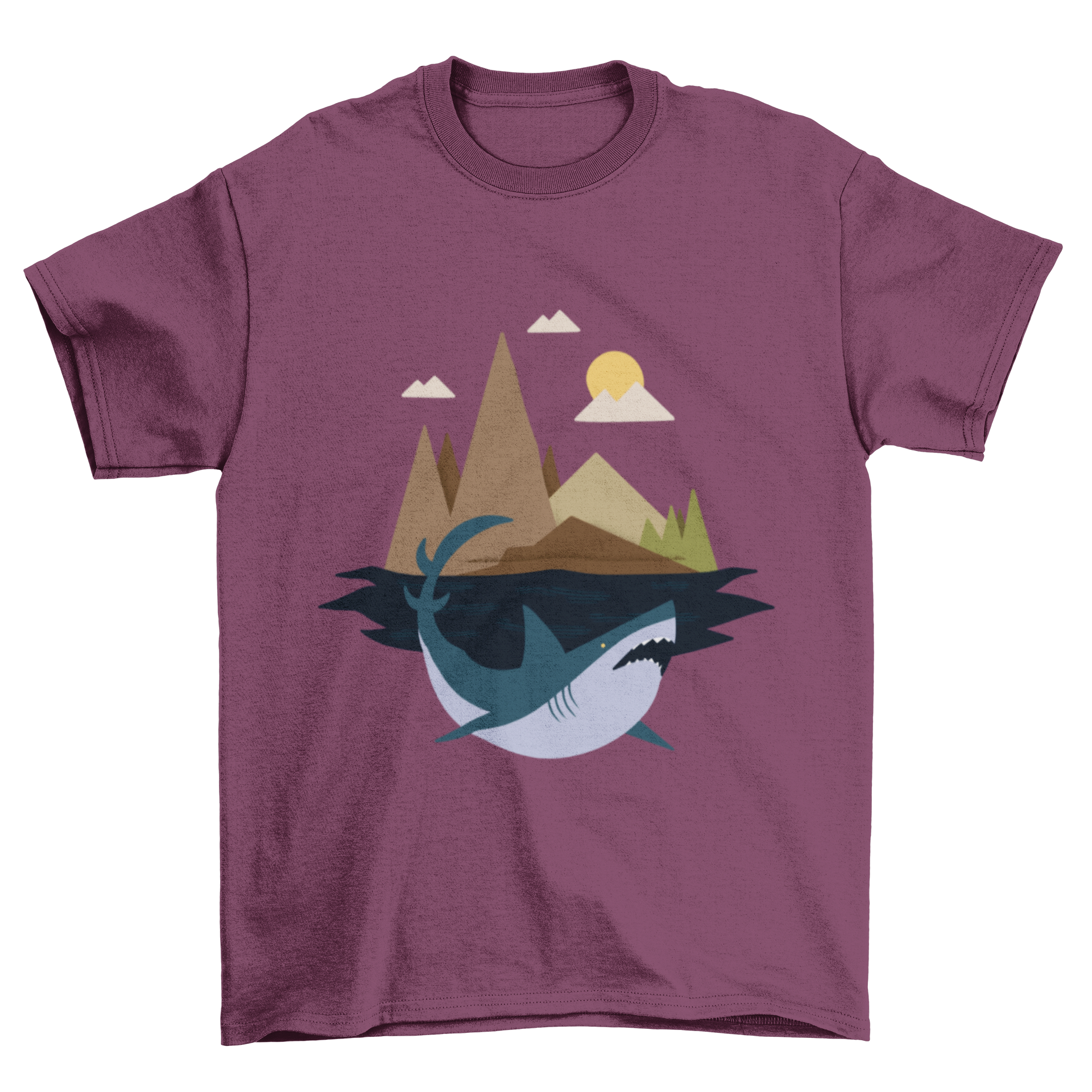 A stylish Shark Island T-Shirt featuring a shark swimming in front of a tropical island, showcasing vibrant colors and a unique design.