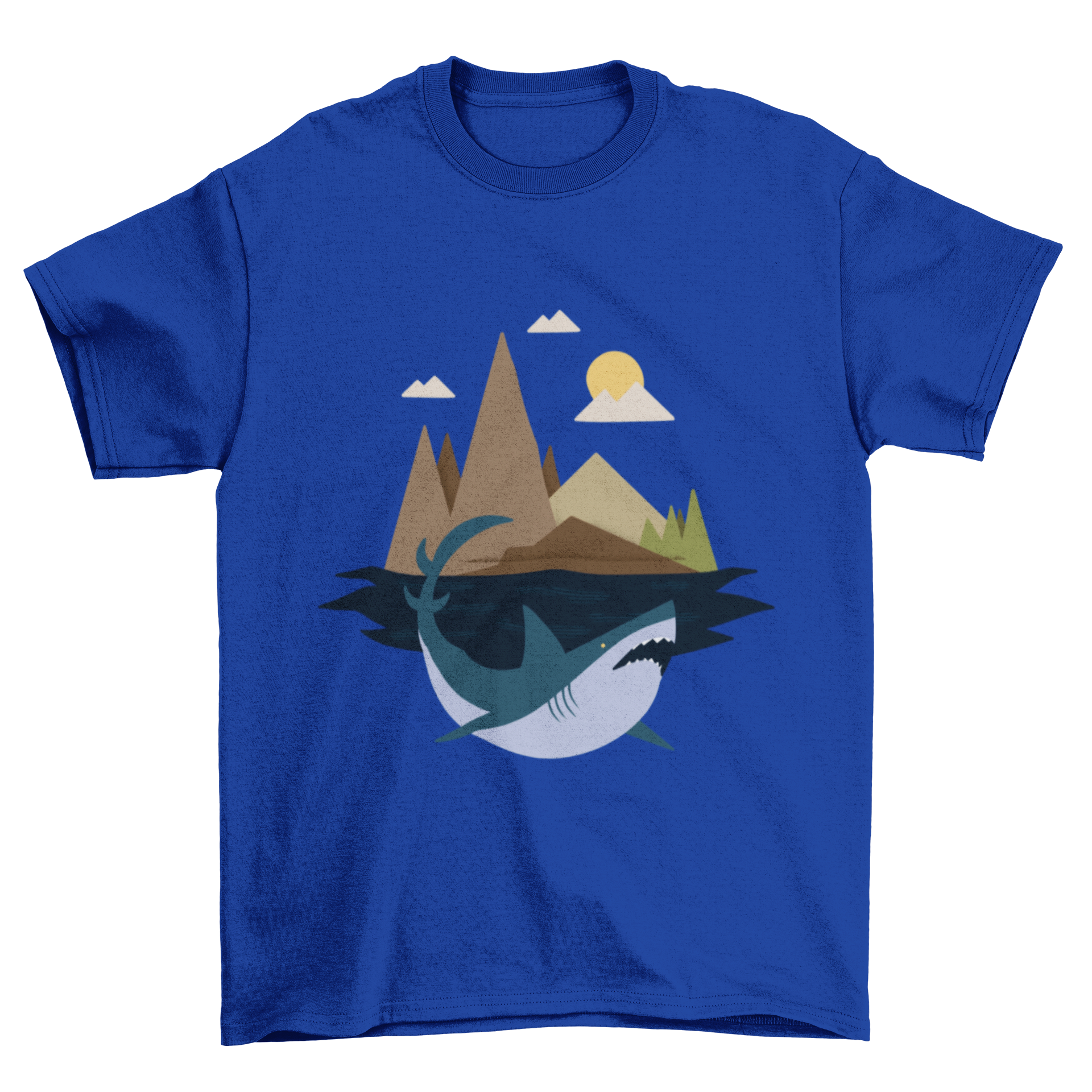 A stylish Shark Island T-Shirt featuring a shark swimming in front of a tropical island, showcasing vibrant colors and a unique design.