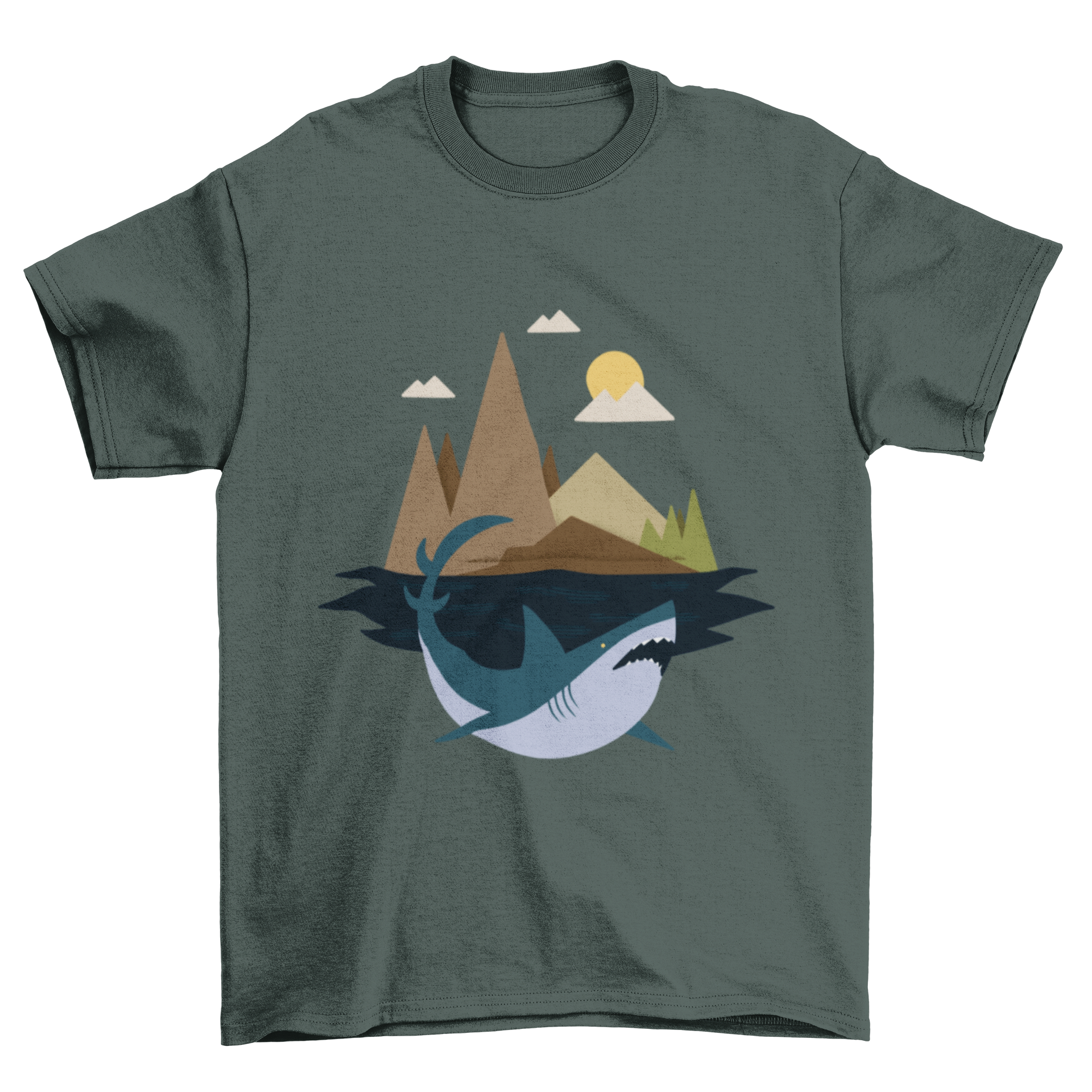 A stylish Shark Island T-Shirt featuring a shark swimming in front of a tropical island, showcasing vibrant colors and a unique design.