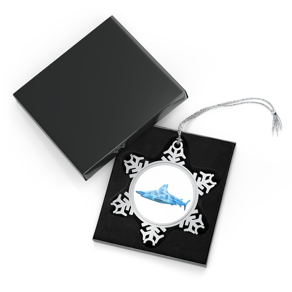 Shark Pewter Snowflake Ornament with silver-toned hanging string, showcasing intricate snowflake design.