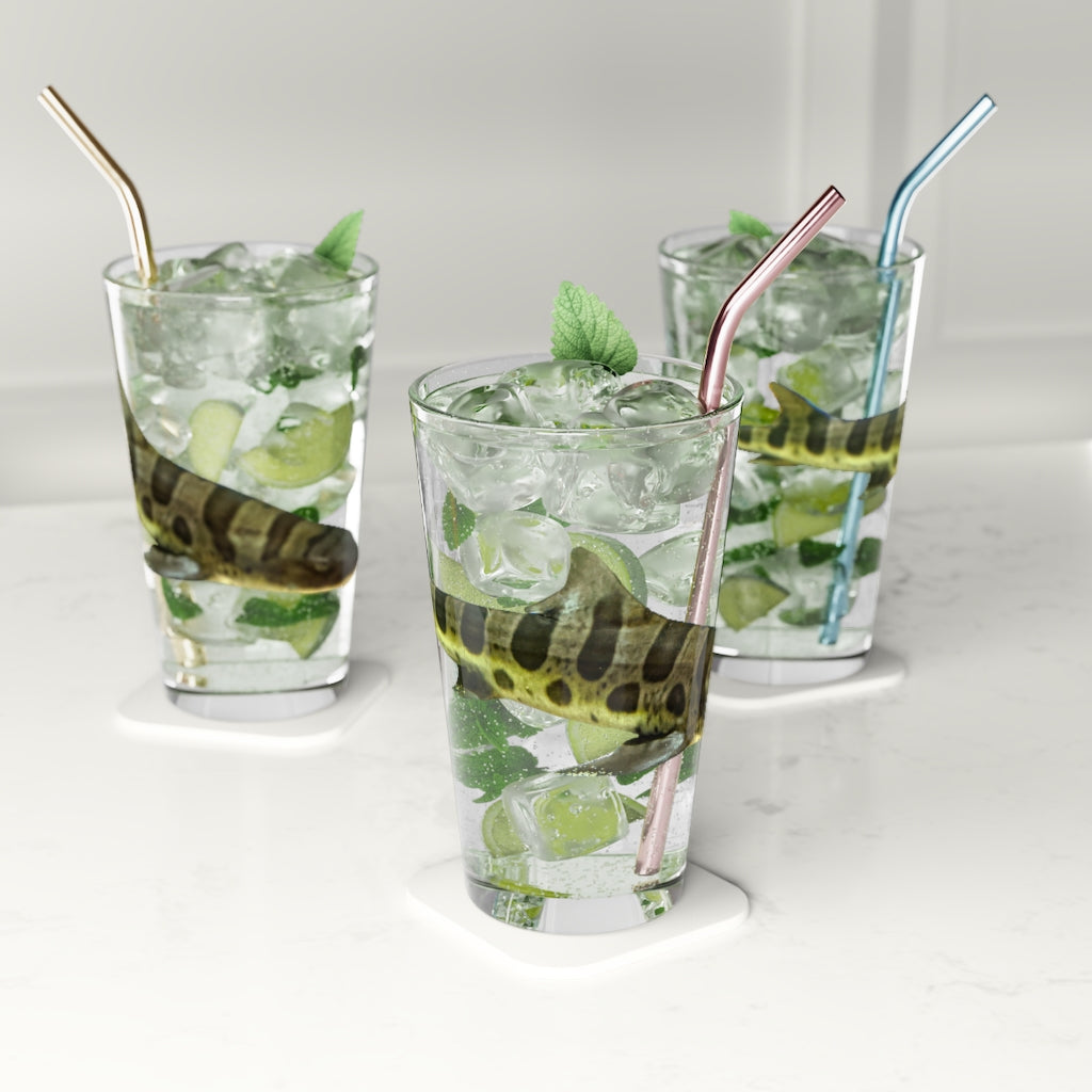 A clear 16oz Shark Pint Glass showcasing a customizable design, perfect for beverages.