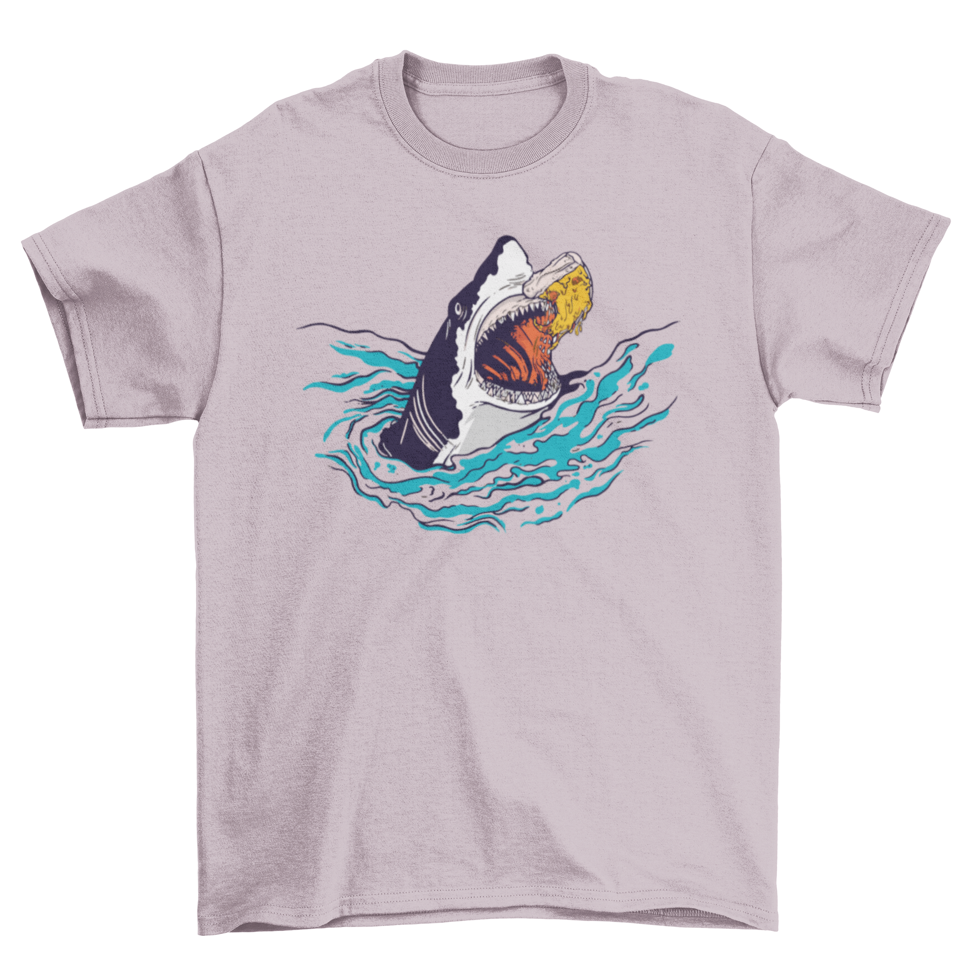 A vibrant Shark Pizza T-Shirt featuring a detailed illustration of a shark eating a slice of pizza, perfect for ocean and pizza lovers.