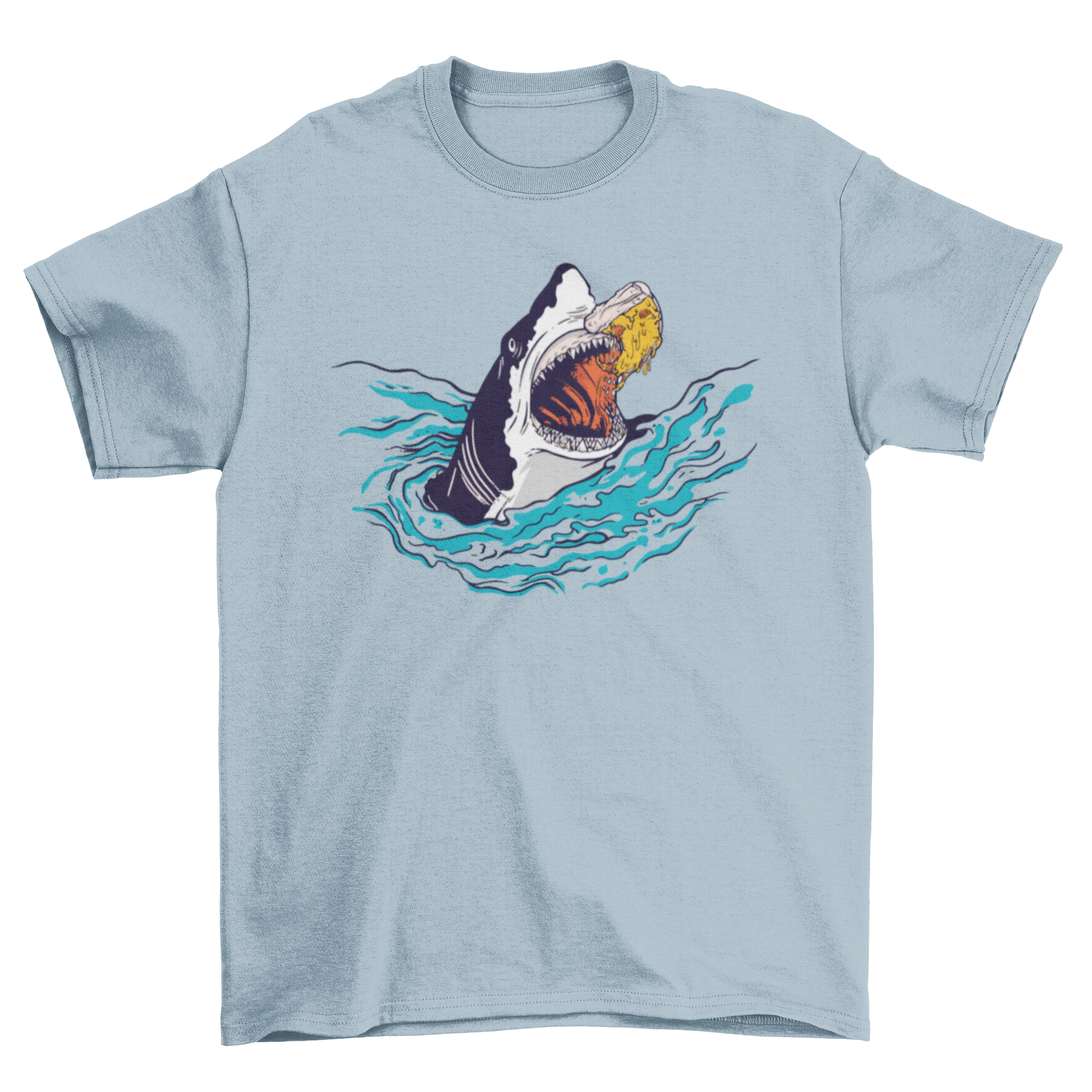 A vibrant Shark Pizza T-Shirt featuring a detailed illustration of a shark eating a slice of pizza, perfect for ocean and pizza lovers.