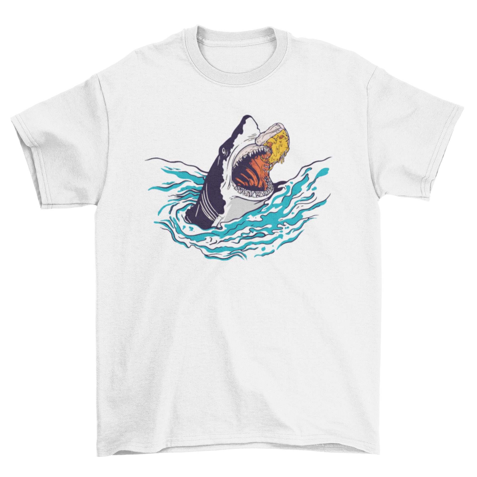 A vibrant Shark Pizza T-Shirt featuring a detailed illustration of a shark eating a slice of pizza, perfect for ocean and pizza lovers.