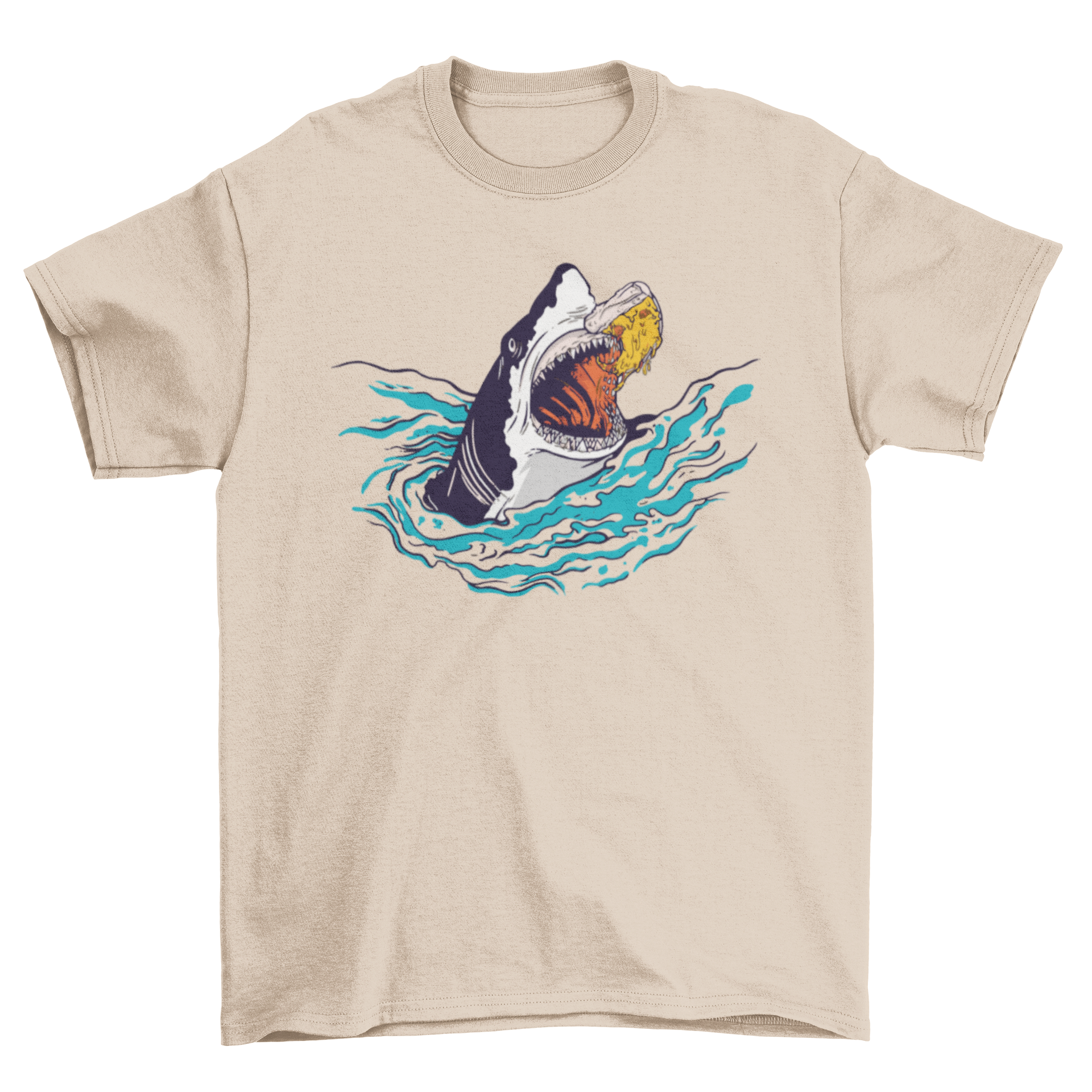 A vibrant Shark Pizza T-Shirt featuring a detailed illustration of a shark eating a slice of pizza, perfect for ocean and pizza lovers.