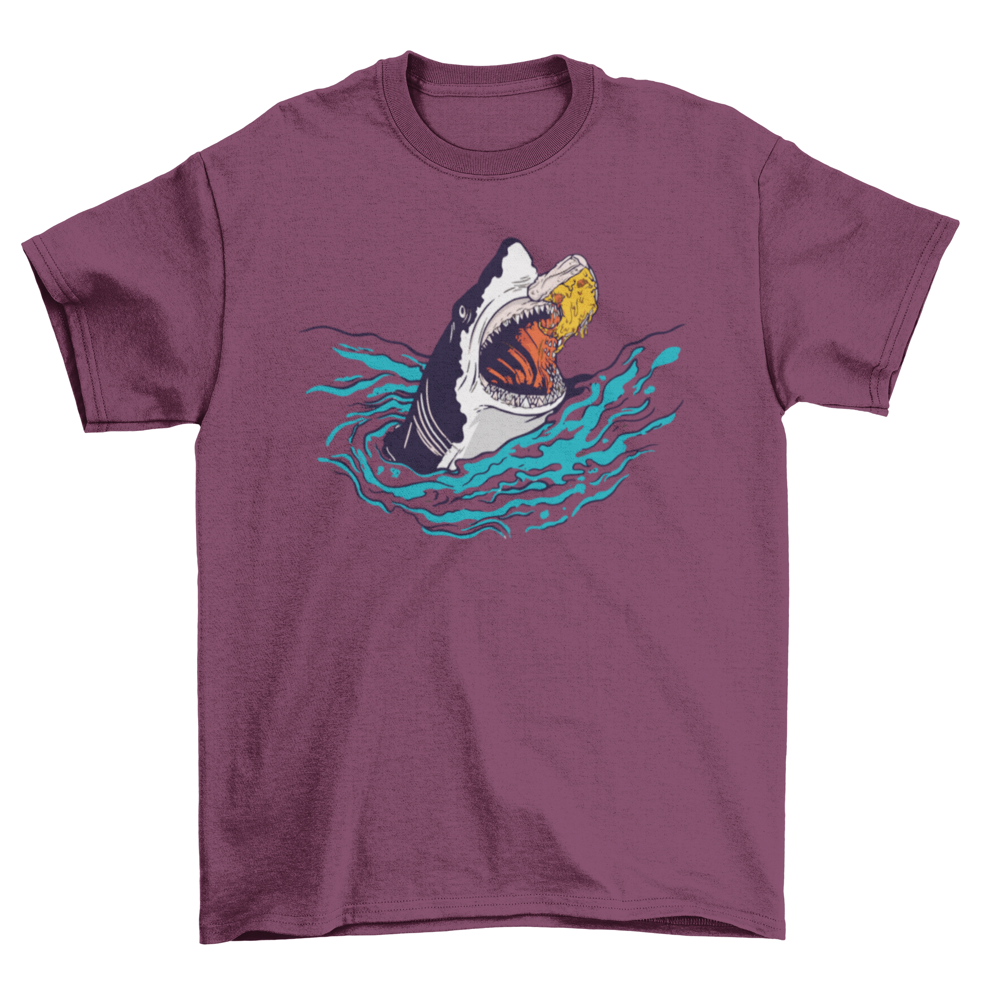 A vibrant Shark Pizza T-Shirt featuring a detailed illustration of a shark eating a slice of pizza, perfect for ocean and pizza lovers.