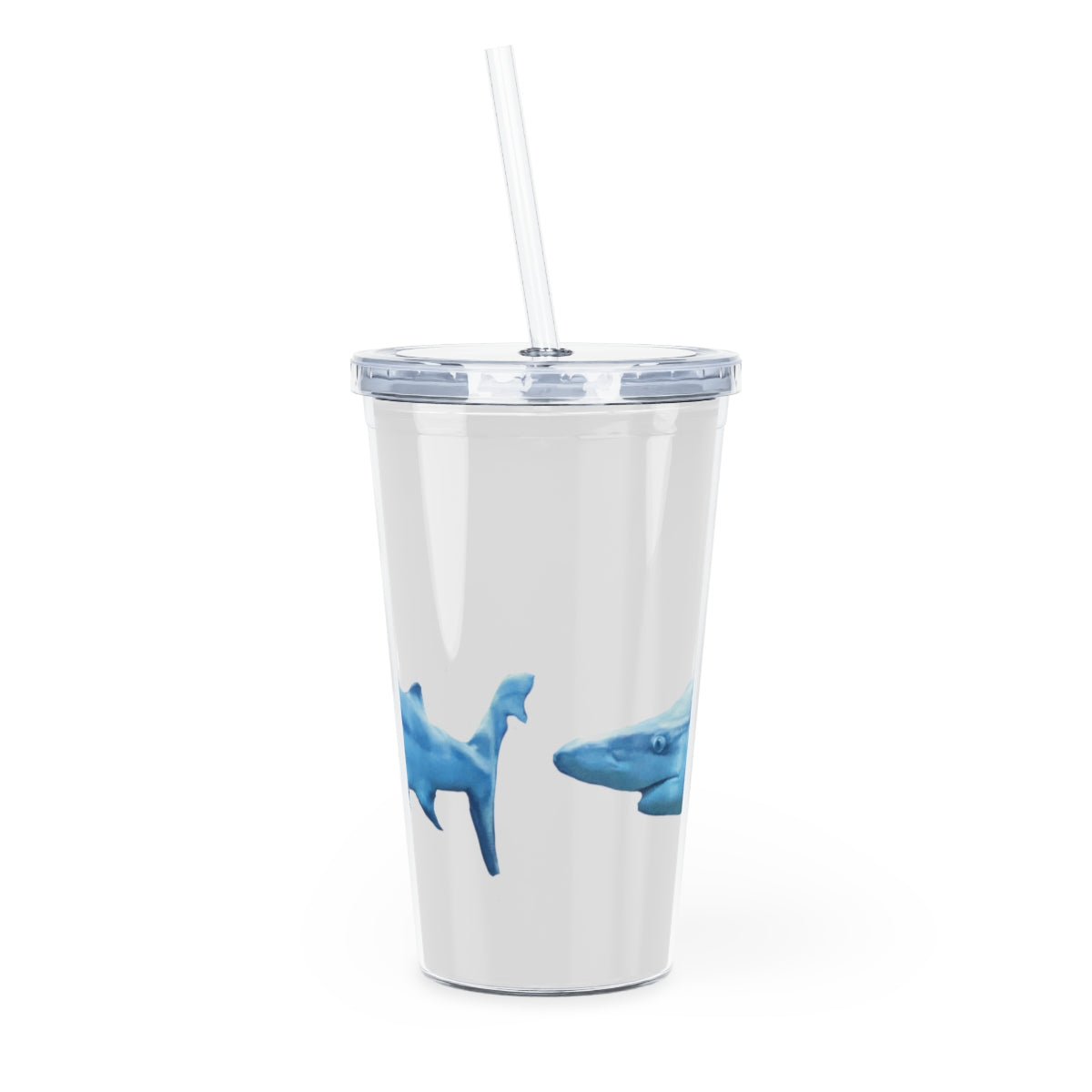 A vibrant Shark Plastic Tumbler with Straw, showcasing a customizable design and a secure lid, perfect for any beverage.