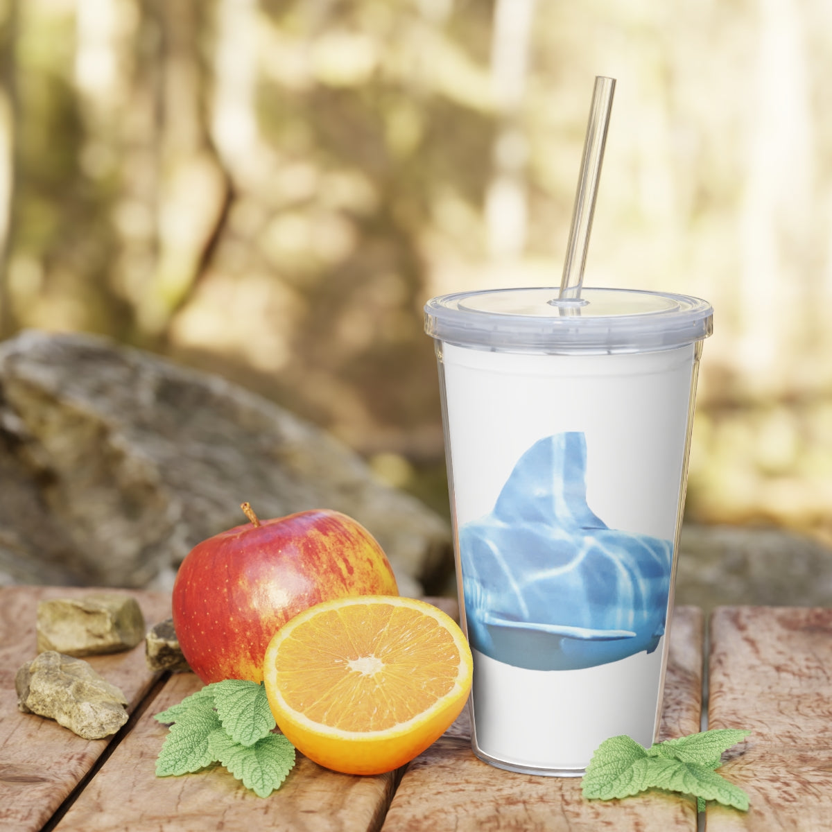 A vibrant Shark Plastic Tumbler with Straw, showcasing a customizable design and a secure lid, perfect for any beverage.