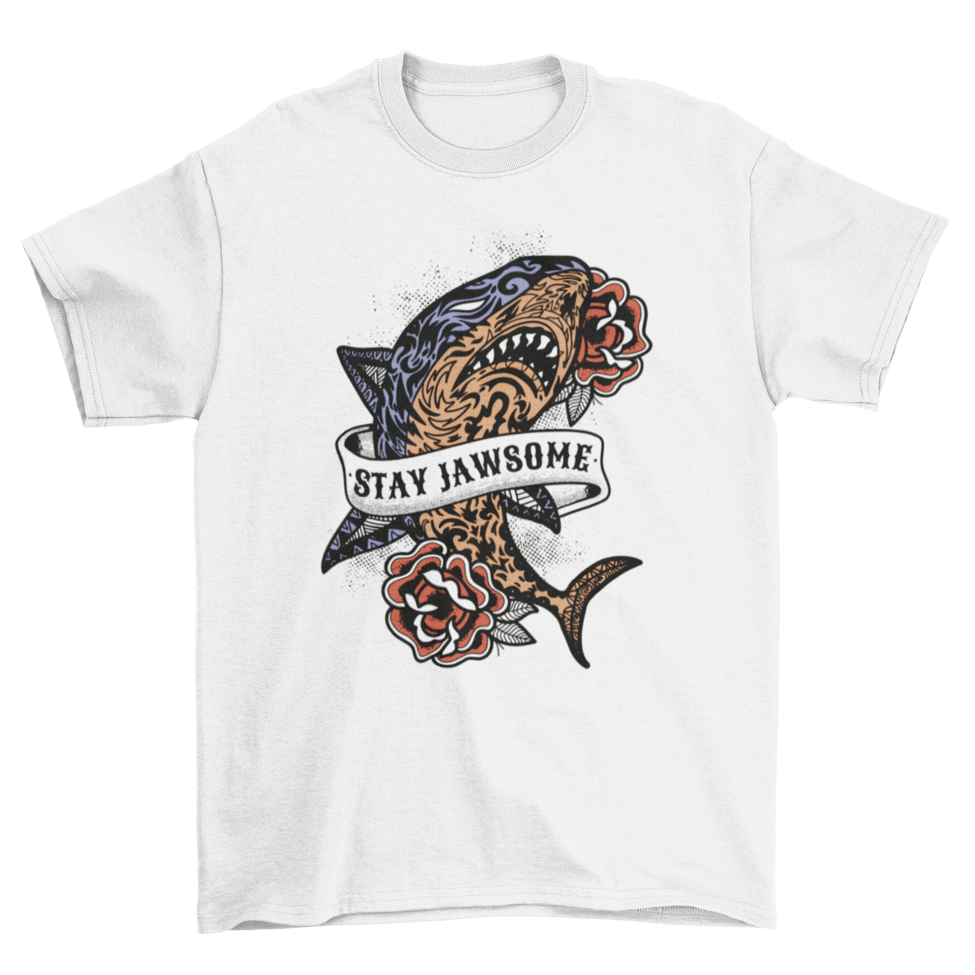 A stylish t-shirt featuring a shark surrounded by colorful roses and the quote 'Stay jawsome'.