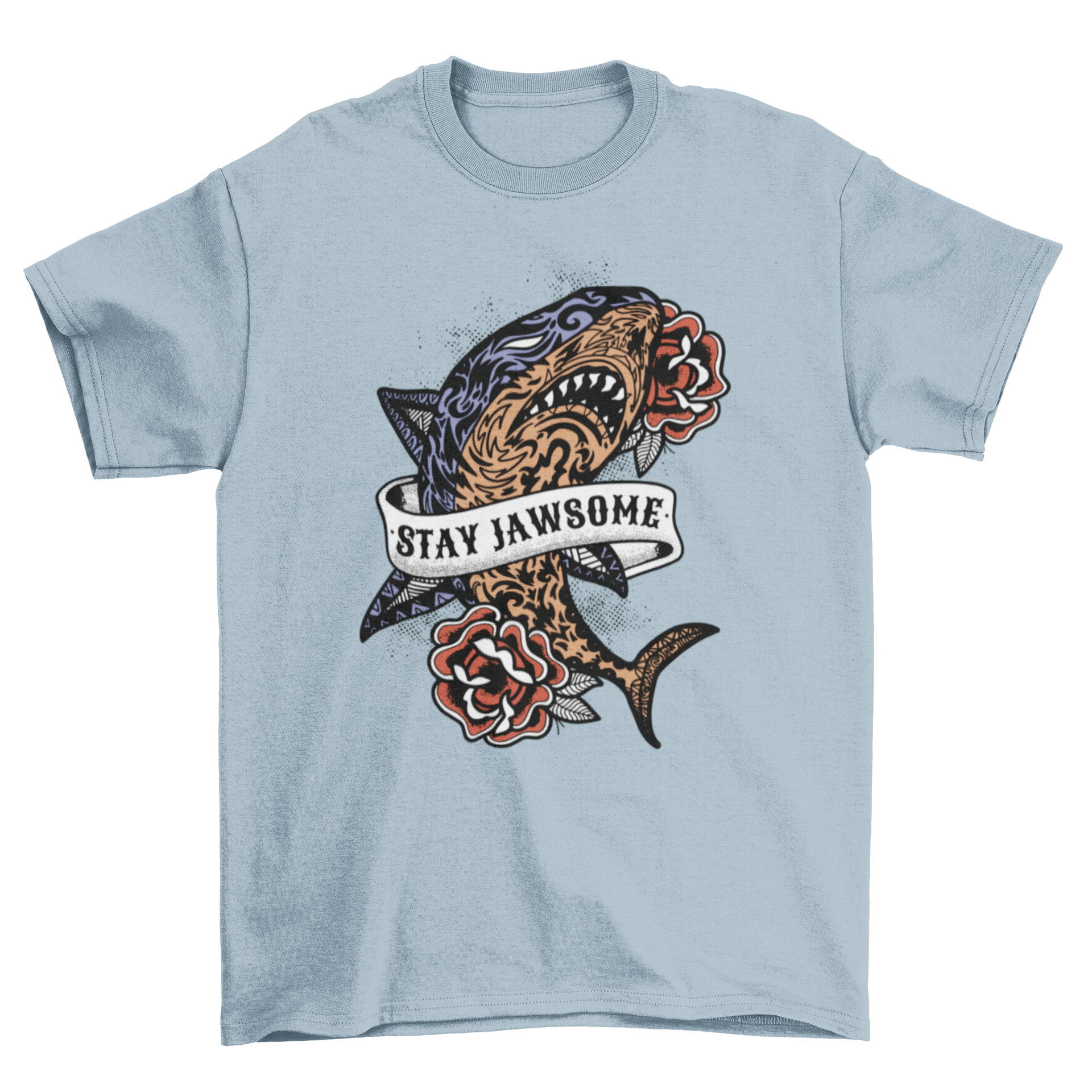 A stylish t-shirt featuring a shark surrounded by colorful roses and the quote 'Stay jawsome'.