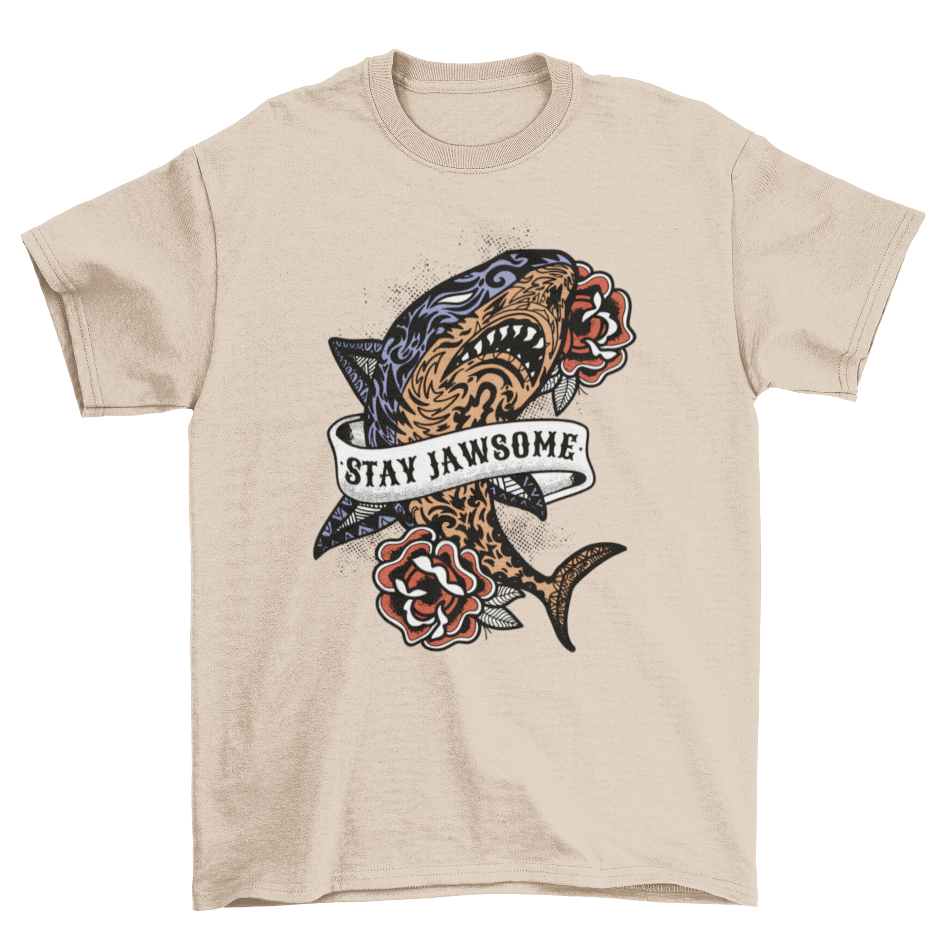 A stylish t-shirt featuring a shark surrounded by colorful roses and the quote 'Stay jawsome'.
