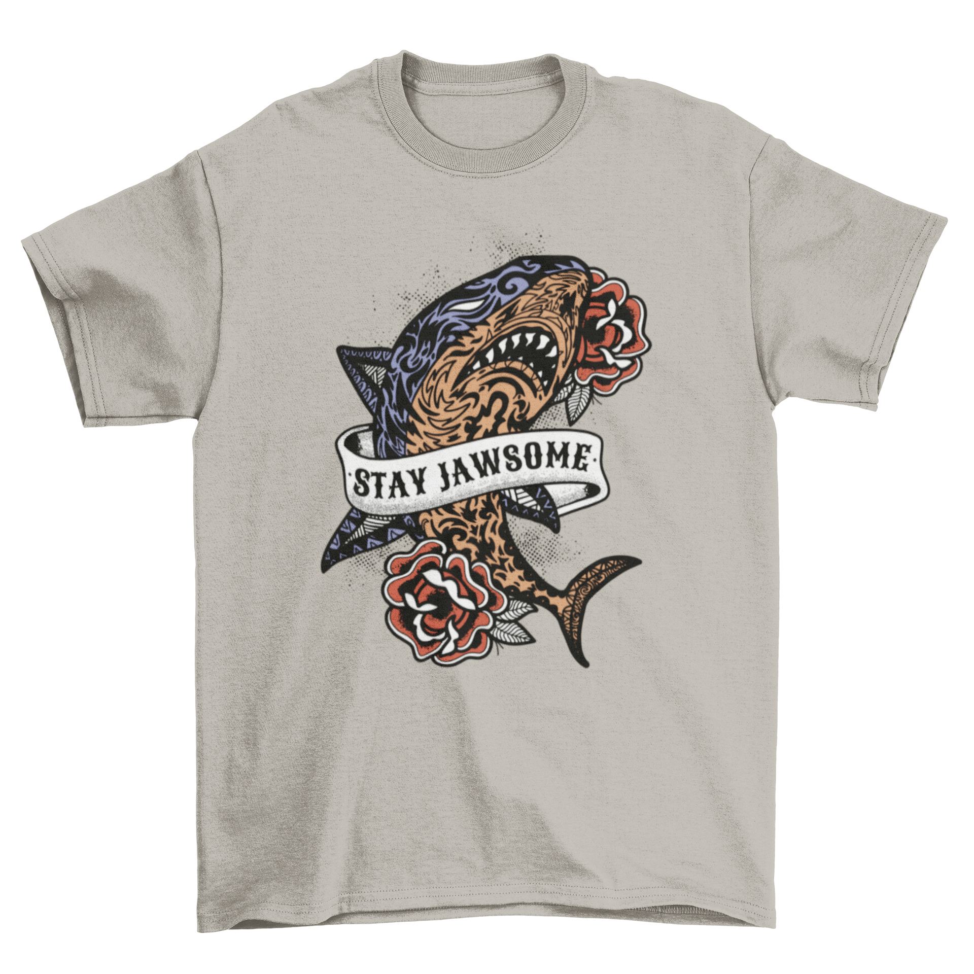 A stylish t-shirt featuring a shark surrounded by colorful roses and the quote 'Stay jawsome'.