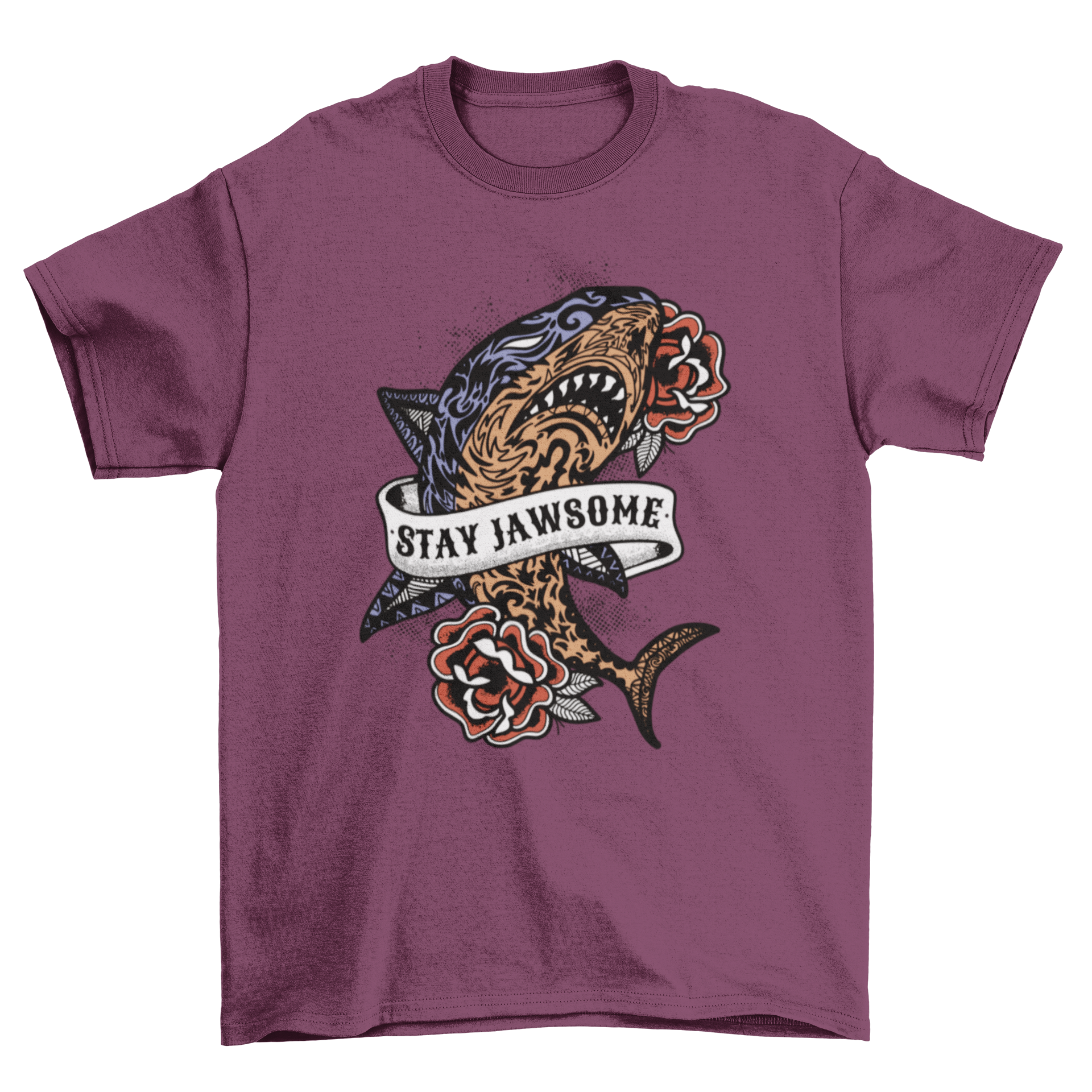 A stylish t-shirt featuring a shark surrounded by colorful roses and the quote 'Stay jawsome'.