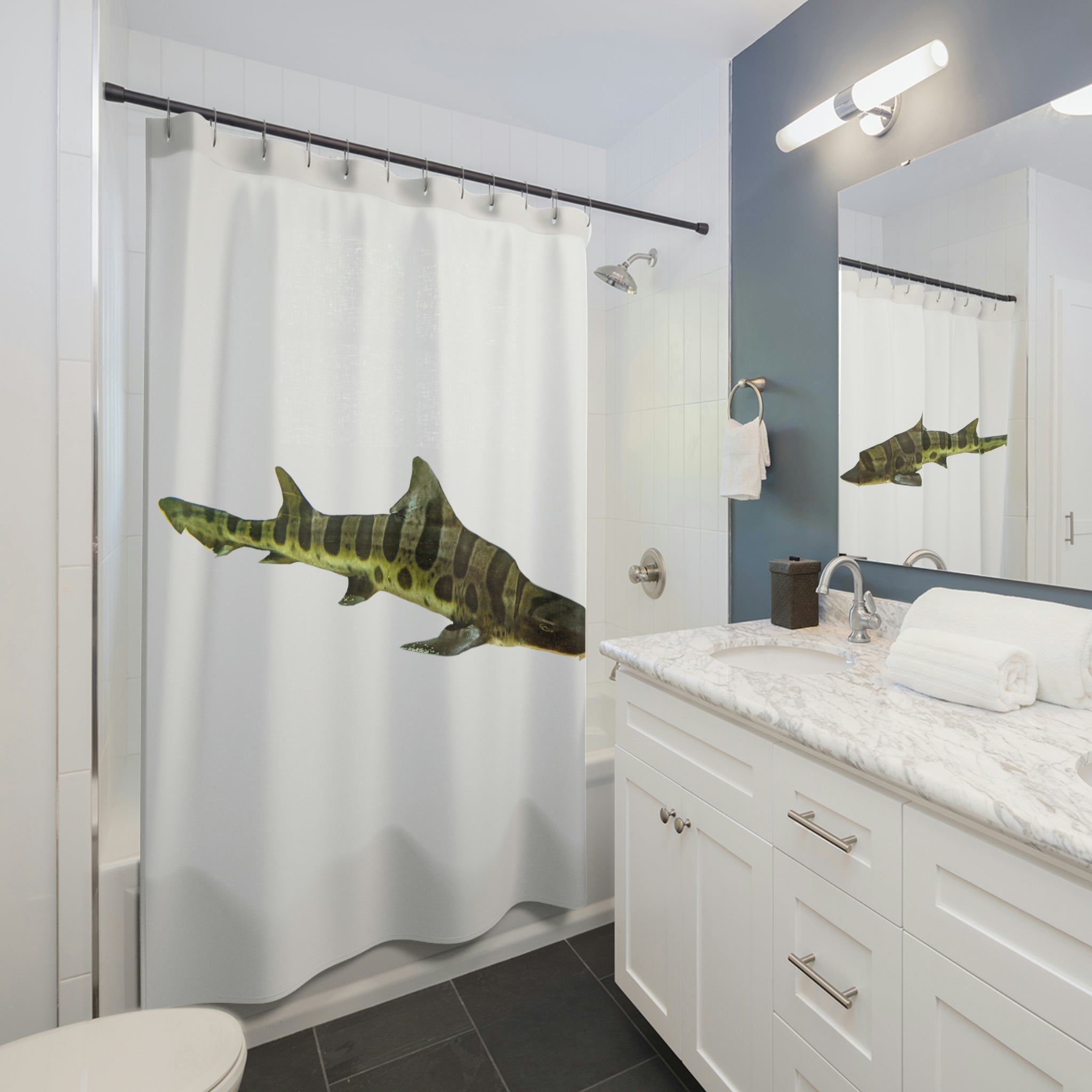 A vibrant Shark Shower Curtain featuring colorful shark designs on durable polyester fabric, perfect for adding a unique touch to any bathroom.