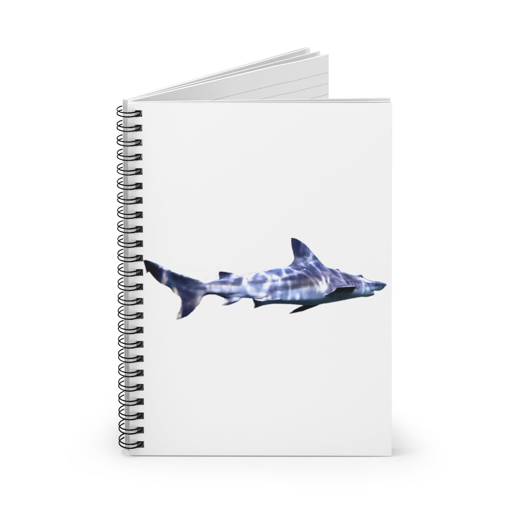 Shark Spiral Notebook with ruled line pages and a colorful printed cover, featuring a black back cover.