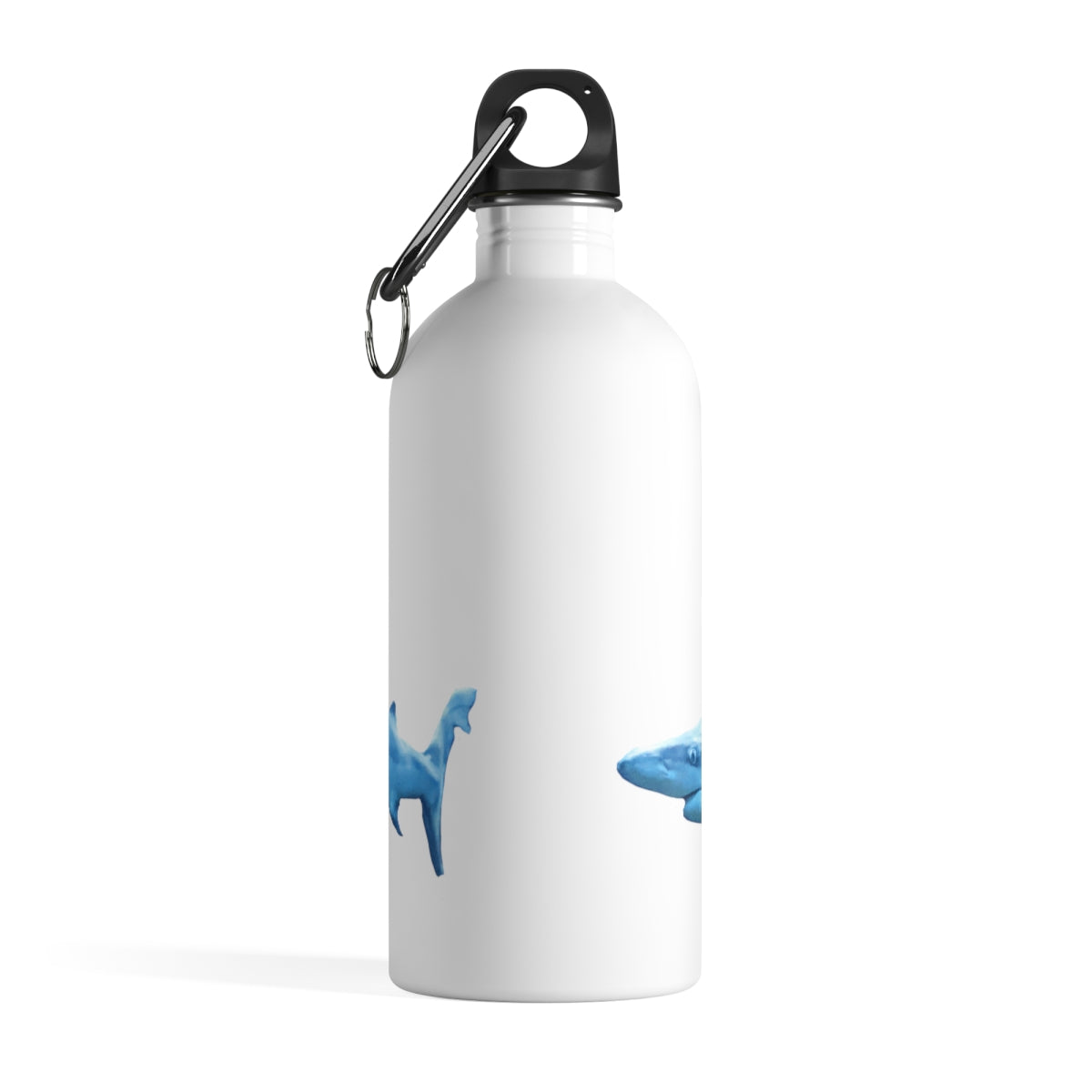 Shark Stainless Steel Water Bottle with a plastic screw top and carabiner, showcasing its sleek design and practical features.
