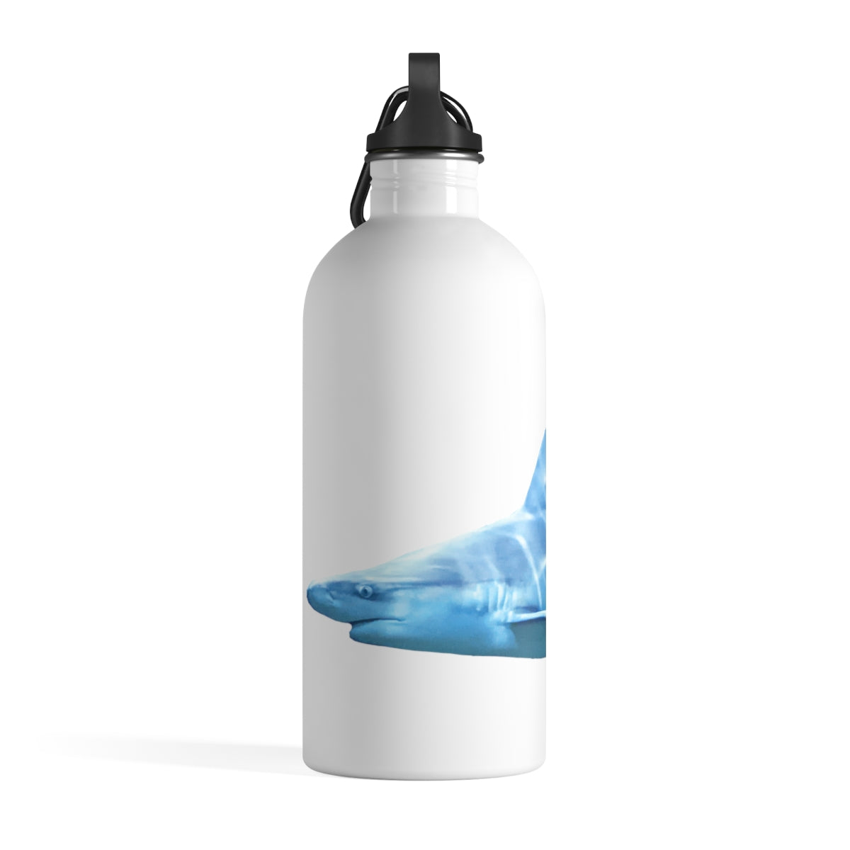 Shark Stainless Steel Water Bottle with a plastic screw top and carabiner, showcasing its sleek design and practical features.
