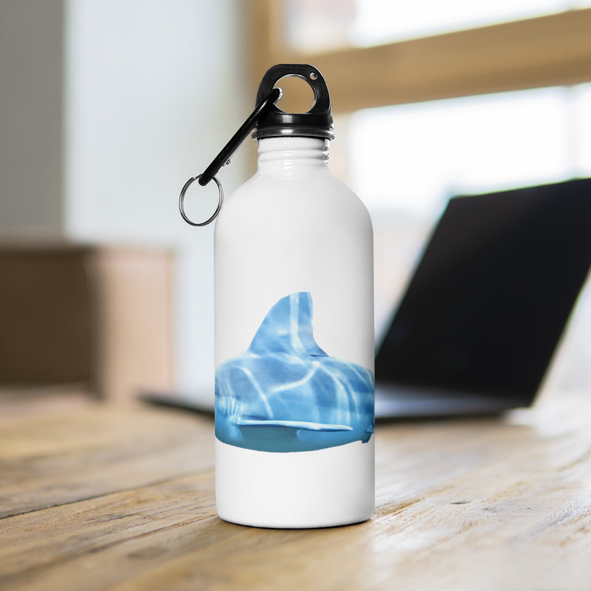 Shark Stainless Steel Water Bottle with a plastic screw top and carabiner, showcasing its sleek design and practical features.