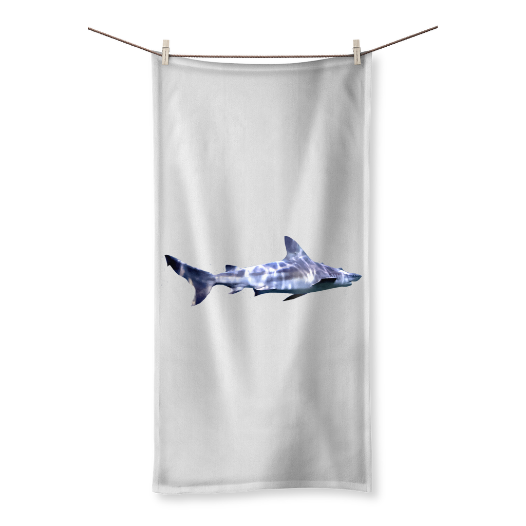 Shark Sublimation All Over Towel showcasing vibrant colors and patterns, with a soft cotton back for drying.