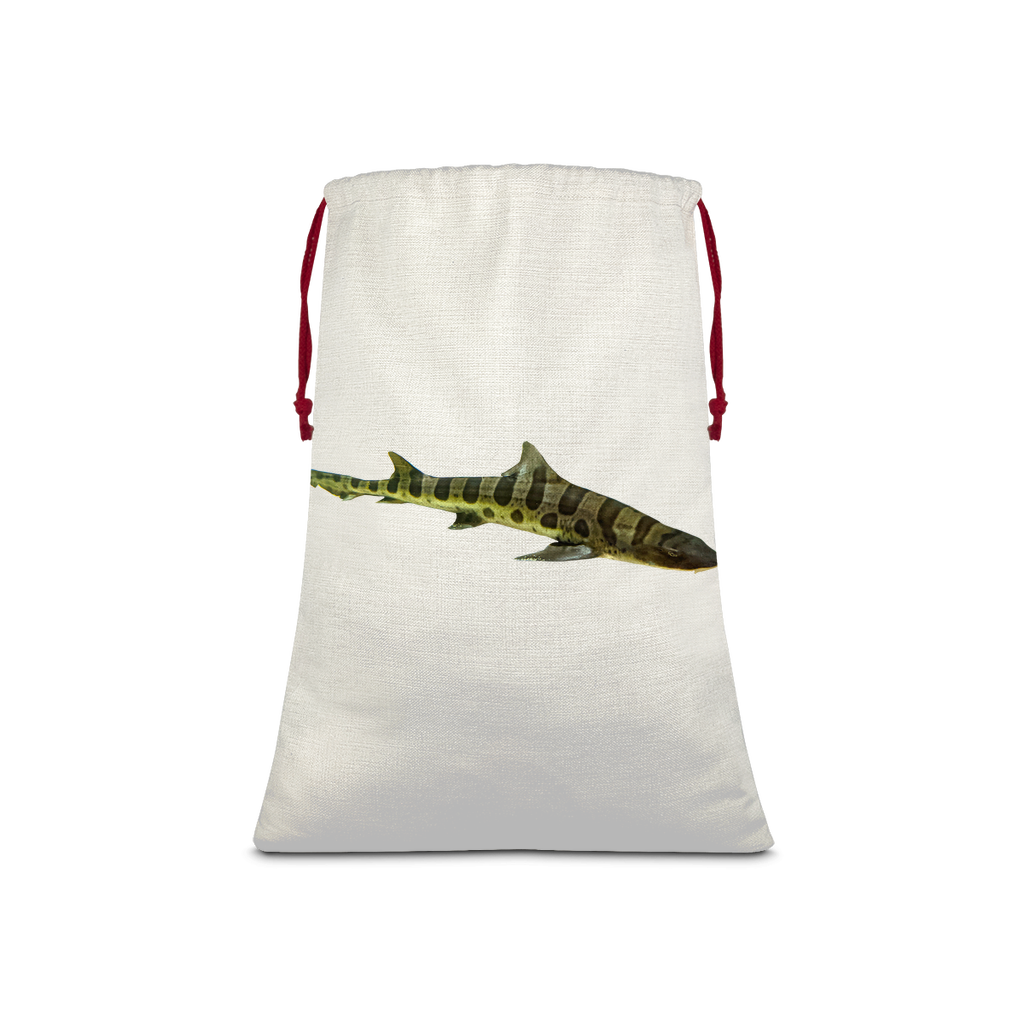 Shark Sublimation Linen Drawstring Sack with red drawstring, featuring vibrant eco-friendly print, ideal for Christmas gifts and laundry.