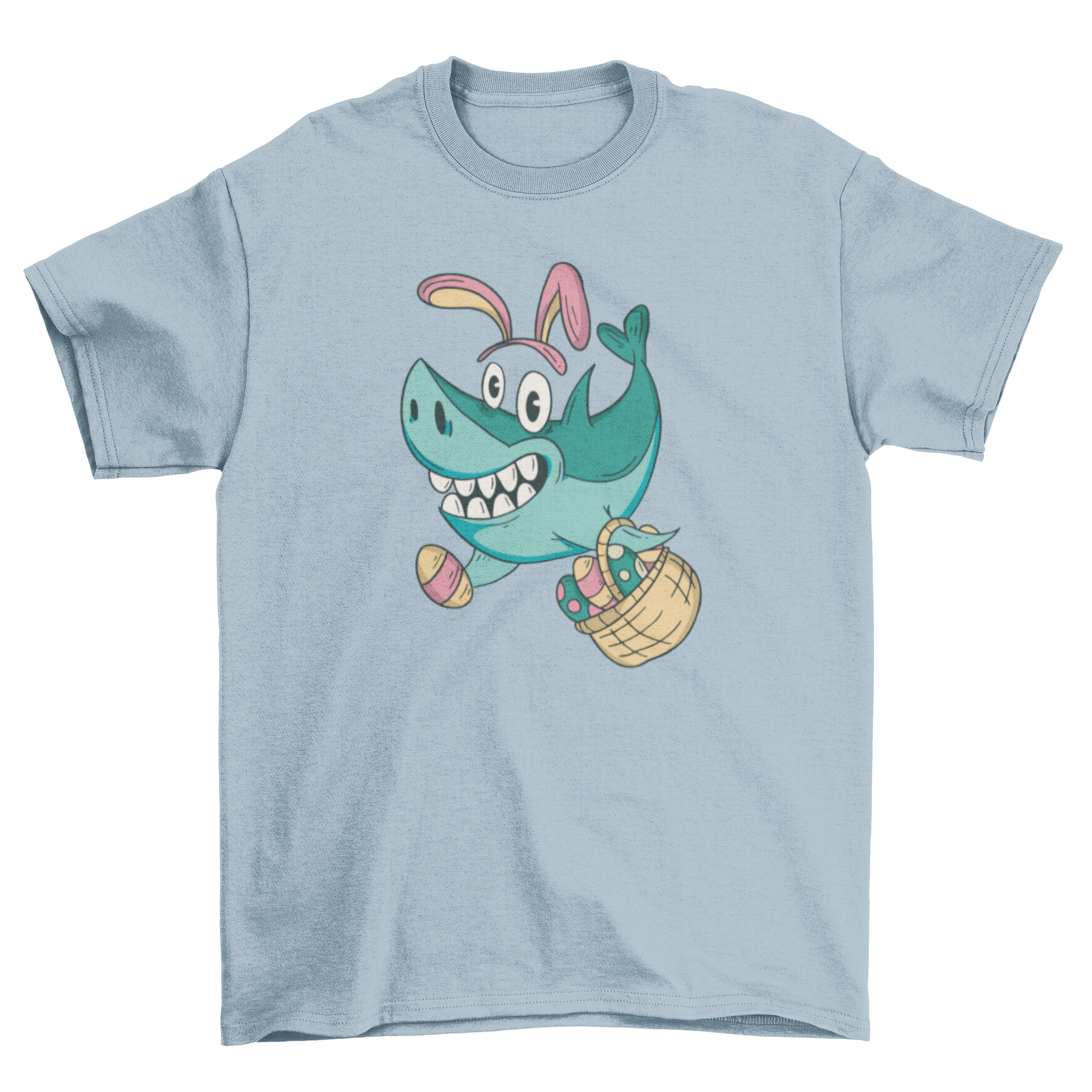 A playful t-shirt featuring a shark with bunny ears surrounded by colorful Easter eggs, perfect for festive occasions.
