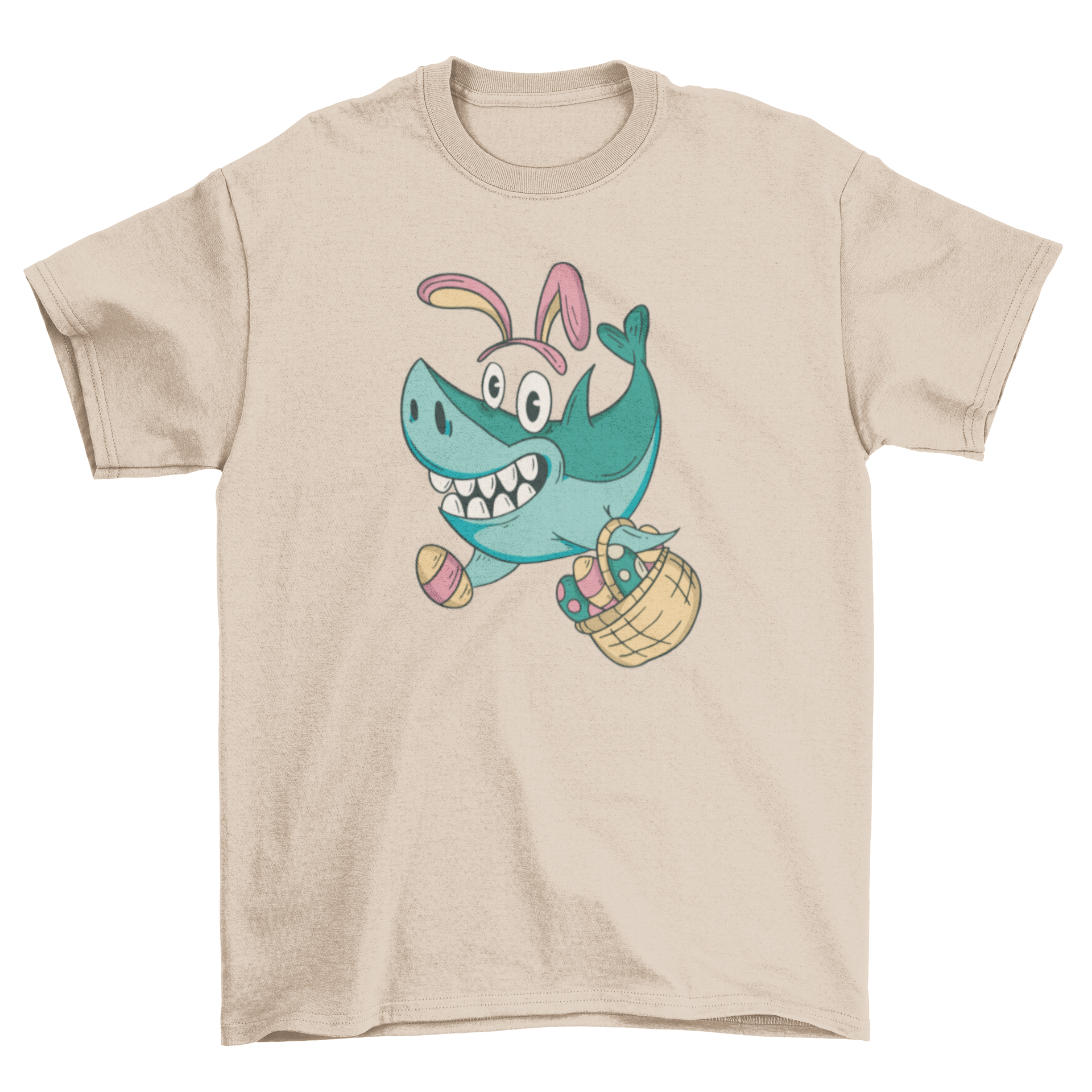 A playful t-shirt featuring a shark with bunny ears surrounded by colorful Easter eggs, perfect for festive occasions.