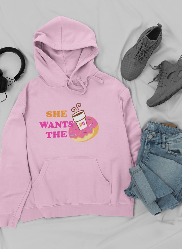 A cozy She Wants Donuts Hoodie featuring a playful donut design, perfect for casual wear.