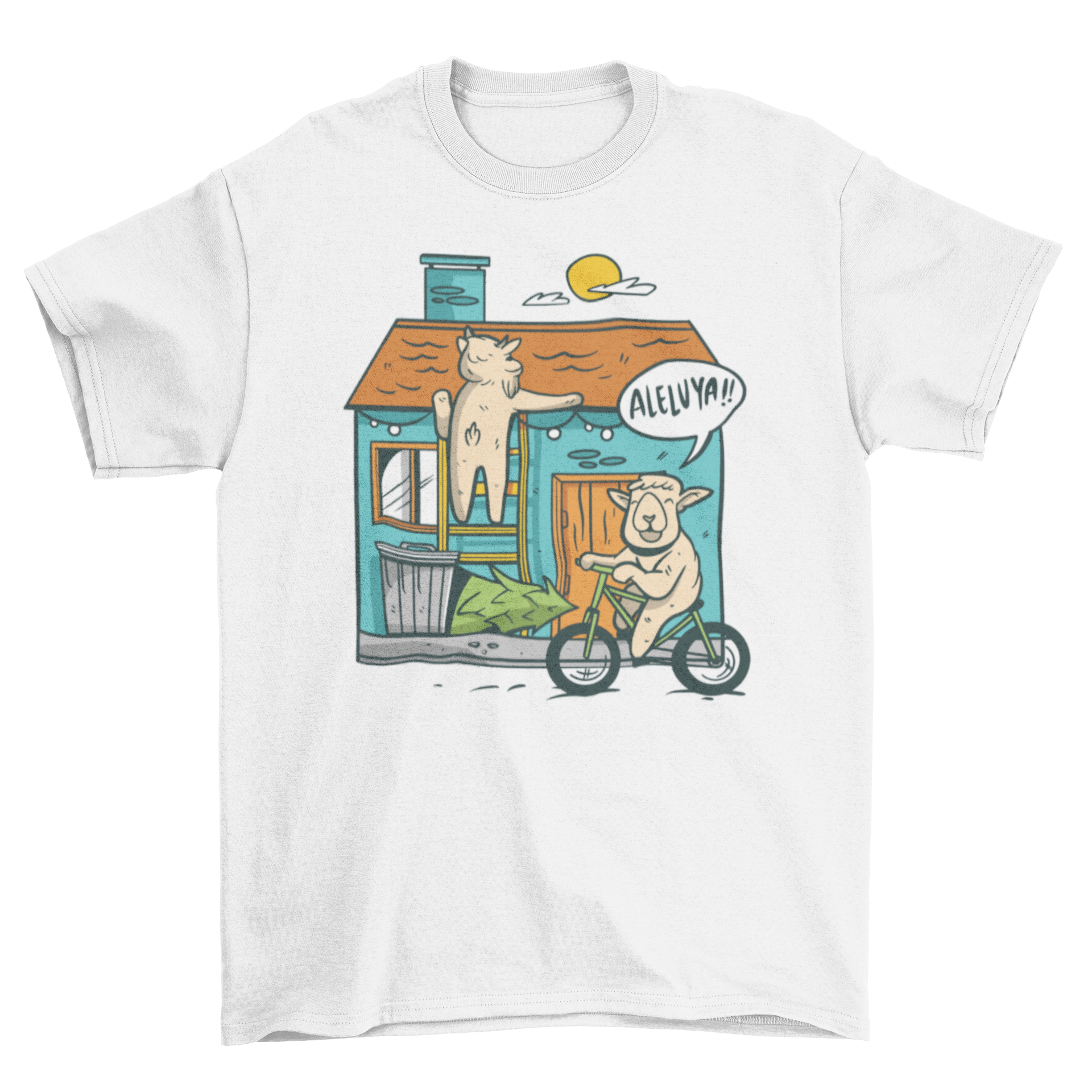 A whimsical t-shirt featuring a sheep on a ladder decorating a house with fairy lights and another sheep riding a bike.