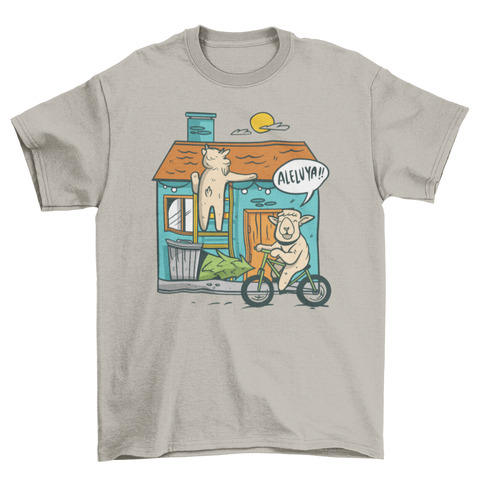A whimsical t-shirt featuring a sheep on a ladder decorating a house with fairy lights and another sheep riding a bike.