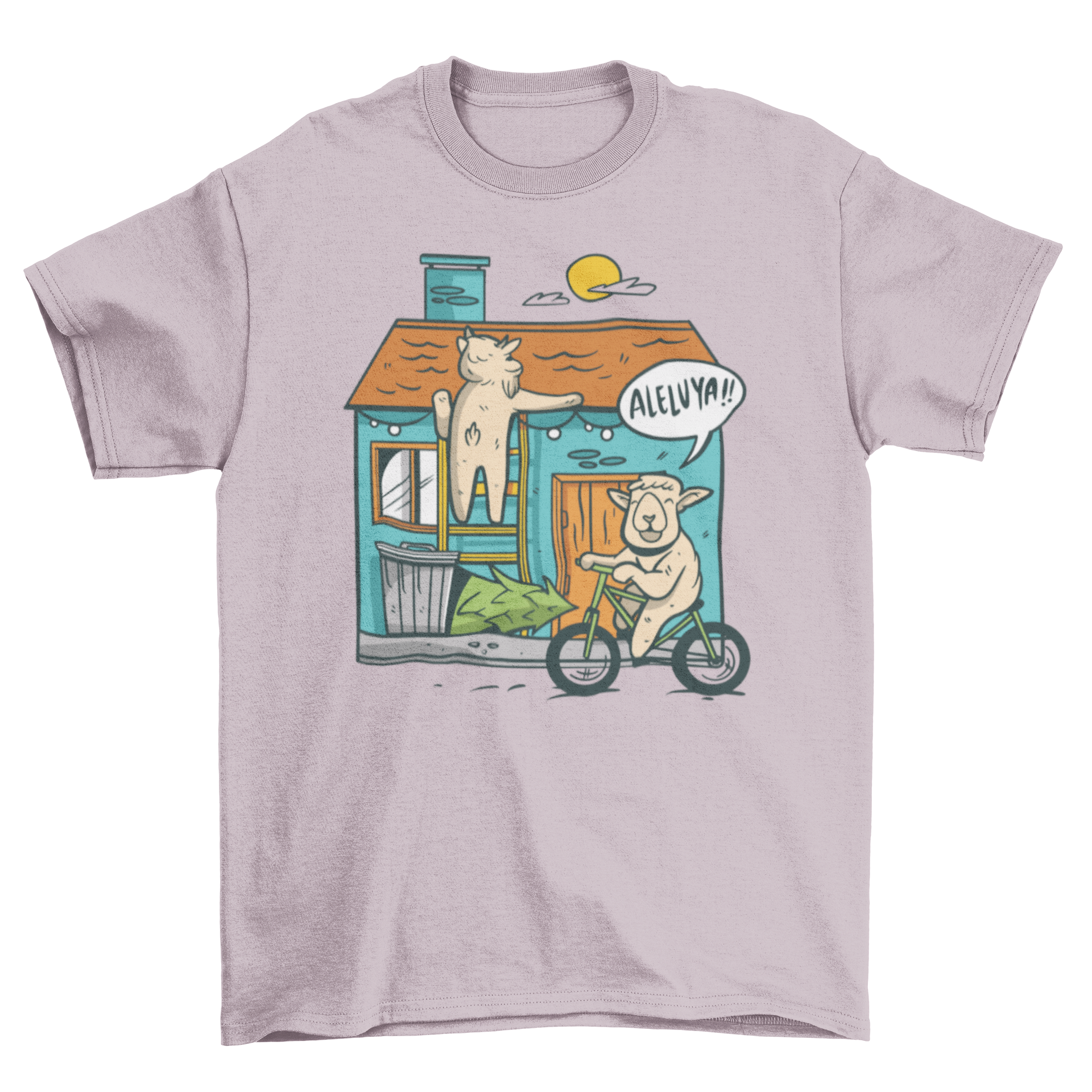 A whimsical t-shirt featuring a sheep on a ladder decorating a house with fairy lights and another sheep riding a bike.