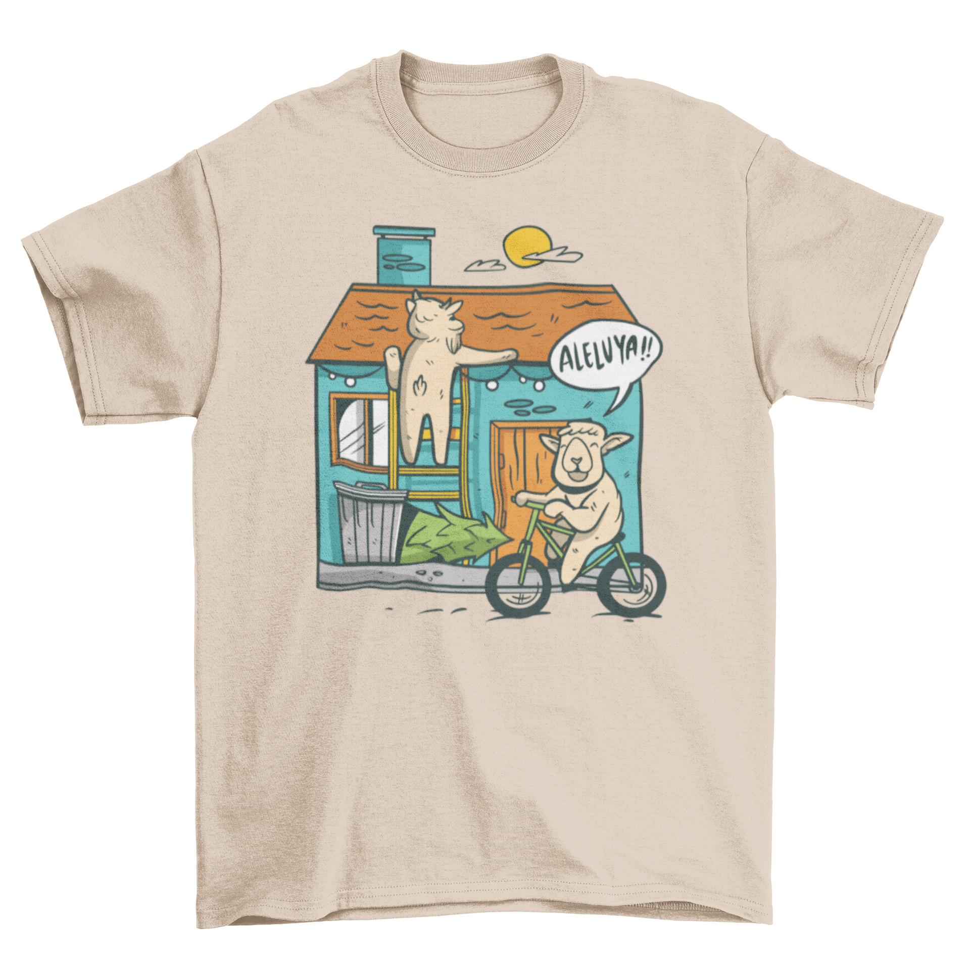 A whimsical t-shirt featuring a sheep on a ladder decorating a house with fairy lights and another sheep riding a bike.