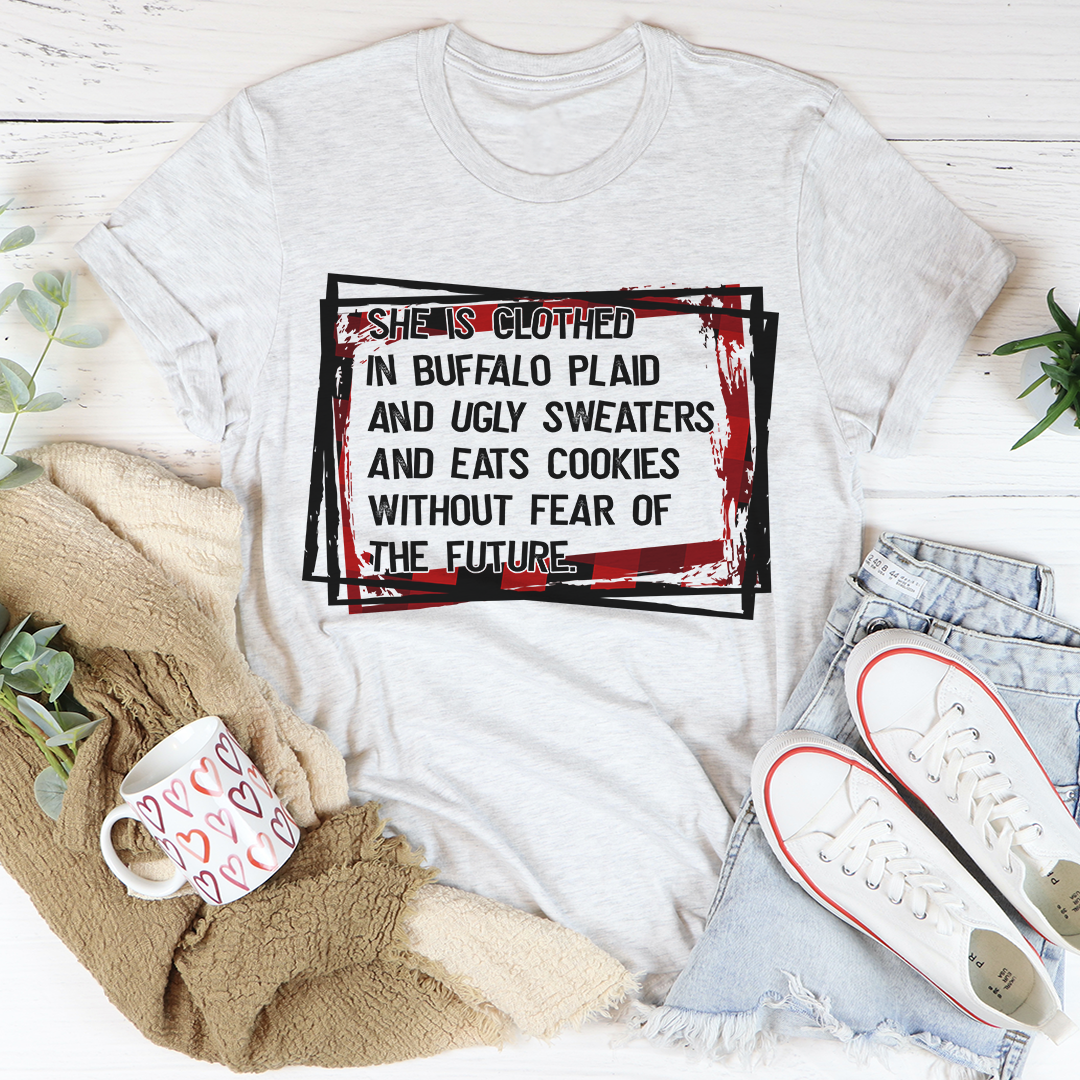 A cozy t-shirt featuring a buffalo plaid design, perfect for casual wear and layering.