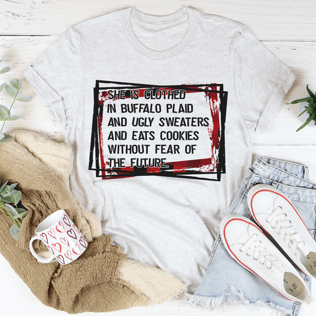 A cozy t-shirt featuring a buffalo plaid design, perfect for casual wear and layering.