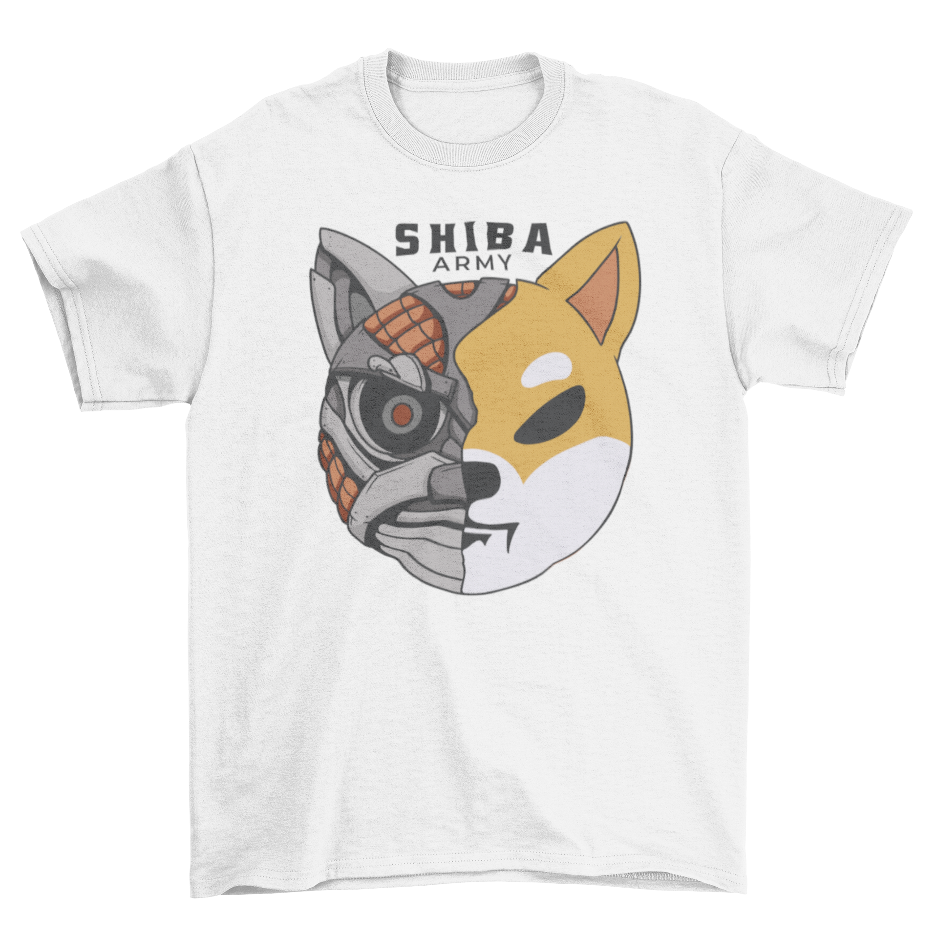A stylish t-shirt featuring a Shiba dog with a half robot face design, showcasing a blend of cute and futuristic elements.